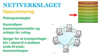 NETTVERKSLAGET
Oppsummering:
Rutingsstrategier
Kontrollerer
transmisjonsmedier og
svitsjer for ruting
Sørger for at transportlaget
blir i stand til å etablere
ende-til-ende-
kommunikasjon
 