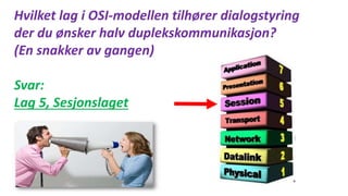 Hvilket lag i OSI-modellen tilhører dialogstyring
der du ønsker halv duplekskommunikasjon?
(En snakker av gangen)
Svar:
Lag 5, Sesjonslaget
 