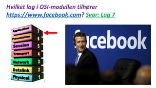 Hvilket lag i OSI-modellen tilhører
https://www.facebook.com? Svar: Lag 7
 