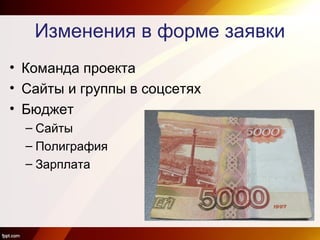 Изменения в форме заявки
• Команда проекта
• Сайты и группы в соцсетях
• Бюджет
– Сайты
– Полиграфия
– Зарплата
 