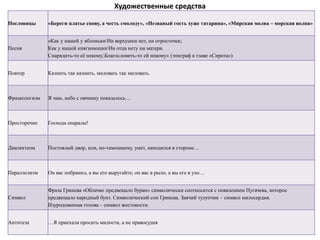 Художественные средства
Пословицы «Береги платье снову, а честь смолоду», «Незваный гость хуже татарина», «Мирская молва – морская волна»
Песня
«Как у нашей у яблонькиНи верхушки нет, ни отросточек;
Как у нашей княгинюшкиНи отца нету ни матери.
Снарядить-то её некому,Благословить-то ей некому» (эпиграф к главе «Сирота»)
Повтор Казнить так казнить, миловать так миловать.
Фразеологизм Я чаю, небо с овчинку показалось…
Просторечие Господа енаралы!
Диалектизм Постоялый двор, или, по-тамошнему, умет, находился в стороне…
Параллелизм Он вас побранил, а вы его выругайте; он вас в рыло, а вы его в ухо…
Символ
Фраза Гринева «Облачко предвещало буран» символически соотносится с появлением Пугачева, которое
предвещало народный бунт. Символический сон Гринева. Заячий тулупчик – символ милосердия.
Изуродованная голова – символ жестокости.
Антитеза …Я приехала просить милости, а не правосудия
 