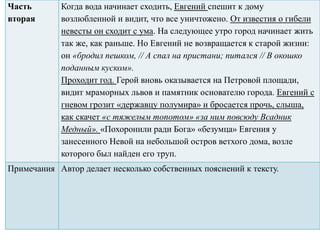 Часть
вторая
Когда вода начинает сходить, Евгений спешит к дому
возлюбленной и видит, что все уничтожено. От известия о гибели
невесты он сходит с ума. На следующее утро город начинает жить
так же, как раньше. Но Евгений не возвращается к старой жизни:
он «бродил пешком, // А спал на пристани; питался // В окошко
поданным куском».
Проходит год. Герой вновь оказывается на Петровой площади,
видит мраморных львов и памятник основателю города. Евгений с
гневом грозит «державцу полумира» и бросается прочь, слыша,
как скачет «с тяжелым топотом» «за ним повсюду Всадник
Медный». «Похоронили ради Бога» «безумца» Евгения у
занесенного Невой на небольшой остров ветхого дома, возле
которого был найден его труп.
Примечания Автор делает несколько собственных пояснений к тексту.
 