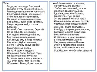 Тест.
Тогда, на площади Петровой,
Где дом в углу вознесся новый,
Где над возвышенным крыльцом
С подъятой лапой, как живые,
Стоят два льва сторожевые,
На звере мраморном верхом,
Без шляпы, руки сжав крестом,
Сидел недвижный, страшно
бледный
Евгений. Он страшился, бедный,
Не за себя. Он не слыхал,
Как подымался жадный вал,
Ему подошвы подмывая,
Как дождь ему в лицо хлестал,
Как ветер, буйно завывая,
С него и шляпу вдруг сорвал.
Его отчаянные взоры
На край один наведены
Недвижно были. Словно горы,
Из возмущенной глубины
Вставали волны там и злились,
Там буря выла, там носились
Обломки... Боже, боже! там —
Увы! близехонько к волнам,
Почти у самого залива —
Забор некрашеный, да ива
И ветхий домик: там оне,
Вдова и дочь, его Параша,
Его мечта... Или во сне
Он это видит? иль вся наша
И жизнь ничто, как сон пустой,
Насмешка неба над землей?
И он, как будто околдован,
Как будто к мрамору прикован,
Сойти не может! Вкруг него
Вода и больше ничего!
И, обращен к нему спиною,
В неколебимой вышине,
Над возмущенною Невою
Стоит с простертою рукою
Кумир на бронзовом коне.
(А.С.Пушкин «Медный всадник»)
 