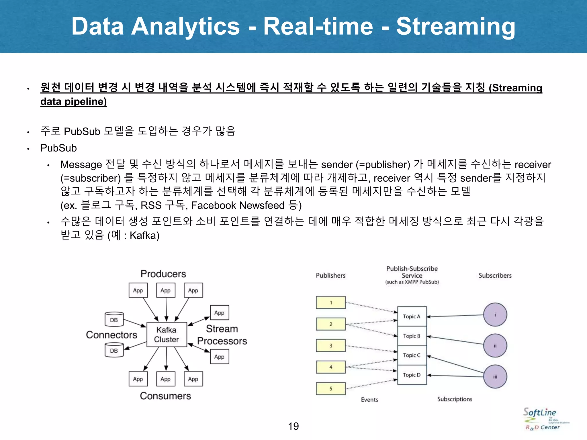 Data Analytics - Real-time - Streaming
19
• 원천 데이터 변경 시 변경 내역을 분석 시스템에 즉시 적재할 수 있도록 하는 일련의 기술들을 지칭 (Streaming
data pipeline)
• 주로 PubSub 모델을 도입하는 경우가 많음
• PubSub
• Message 전달 및 수신 방식의 하나로서 메세지를 보내는 sender (=publisher) 가 메세지를 수신하는 receiver
(=subscriber) 를 특정하지 않고 메세지를 분류체계에 따라 개제하고, receiver 역시 특정 sender를 지정하지
않고 구독하고자 하는 분류체계를 선택해 각 분류체계에 등록된 메세지만을 수신하는 모델
(ex. 블로그 구독, RSS 구독, Facebook Newsfeed 등)
• 수많은 데이터 생성 포인트와 소비 포인트를 연결하는 데에 매우 적합한 메세징 방식으로 최근 다시 각광을
받고 있음 (예 : Kafka)
 