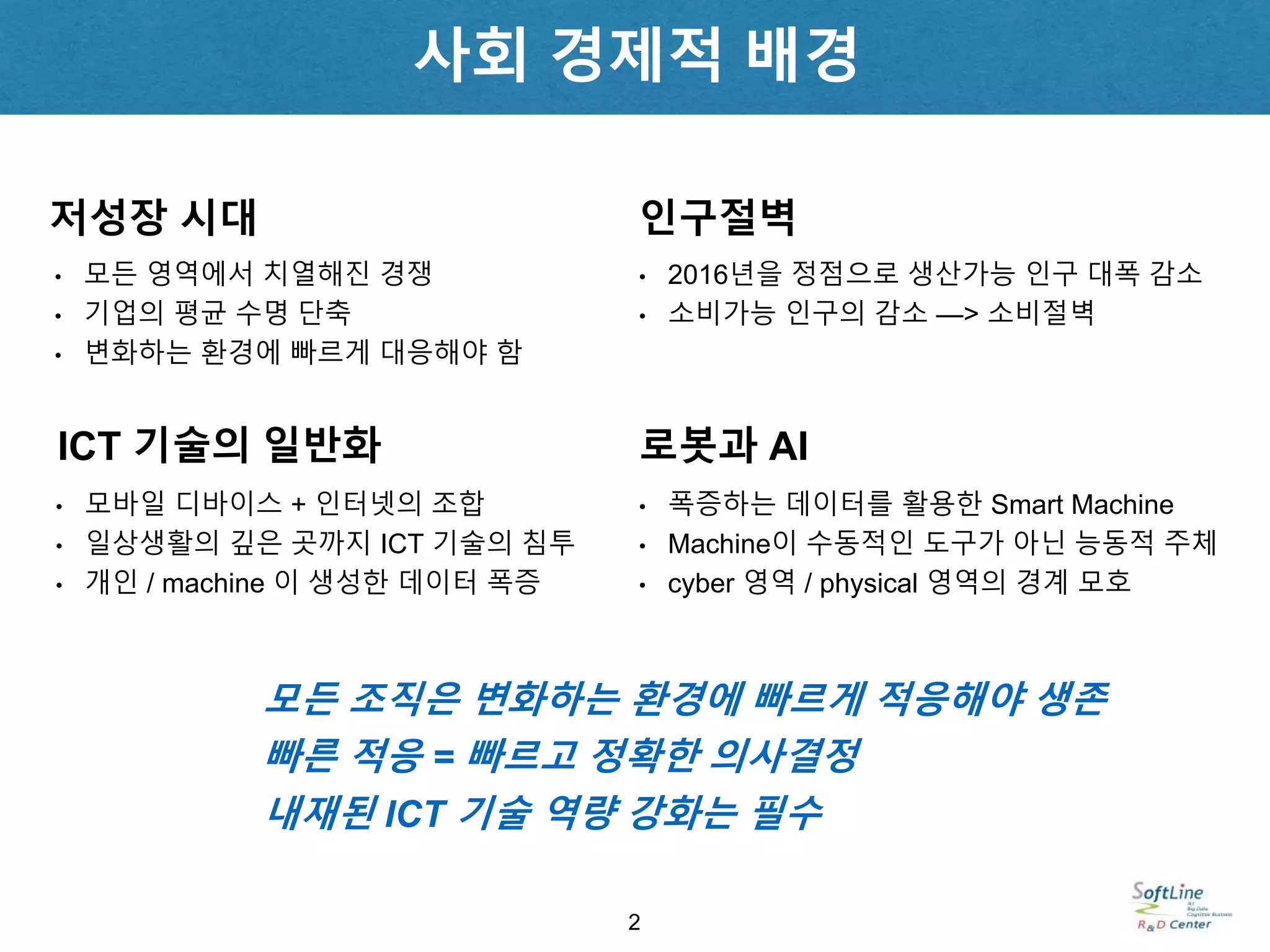 사회 경제적 배경
저성장 시대
• 모든 영역에서 치열해진 경쟁
• 기업의 평균 수명 단축
• 변화하는 환경에 빠르게 대응해야 함
ICT 기술의 일반화
• 모바일 디바이스 + 인터넷의 조합
• 일상생활의 깊은 곳까지 ICT 기술의 침투
• 개인 / machine 이 생성한 데이터 폭증
인구절벽
• 2016년을 정점으로 생산가능 인구 대폭 감소
• 소비가능 인구의 감소 —> 소비절벽
로봇과 AI
• 폭증하는 데이터를 활용한 Smart Machine
• Machine이 수동적인 도구가 아닌 능동적 주체
• cyber 영역 / physical 영역의 경계 모호
모든 조직은 변화하는 환경에 빠르게 적응해야 생존
빠른 적응 = 빠르고 정확한 의사결정
내재된 ICT 기술 역량 강화는 필수
2
 