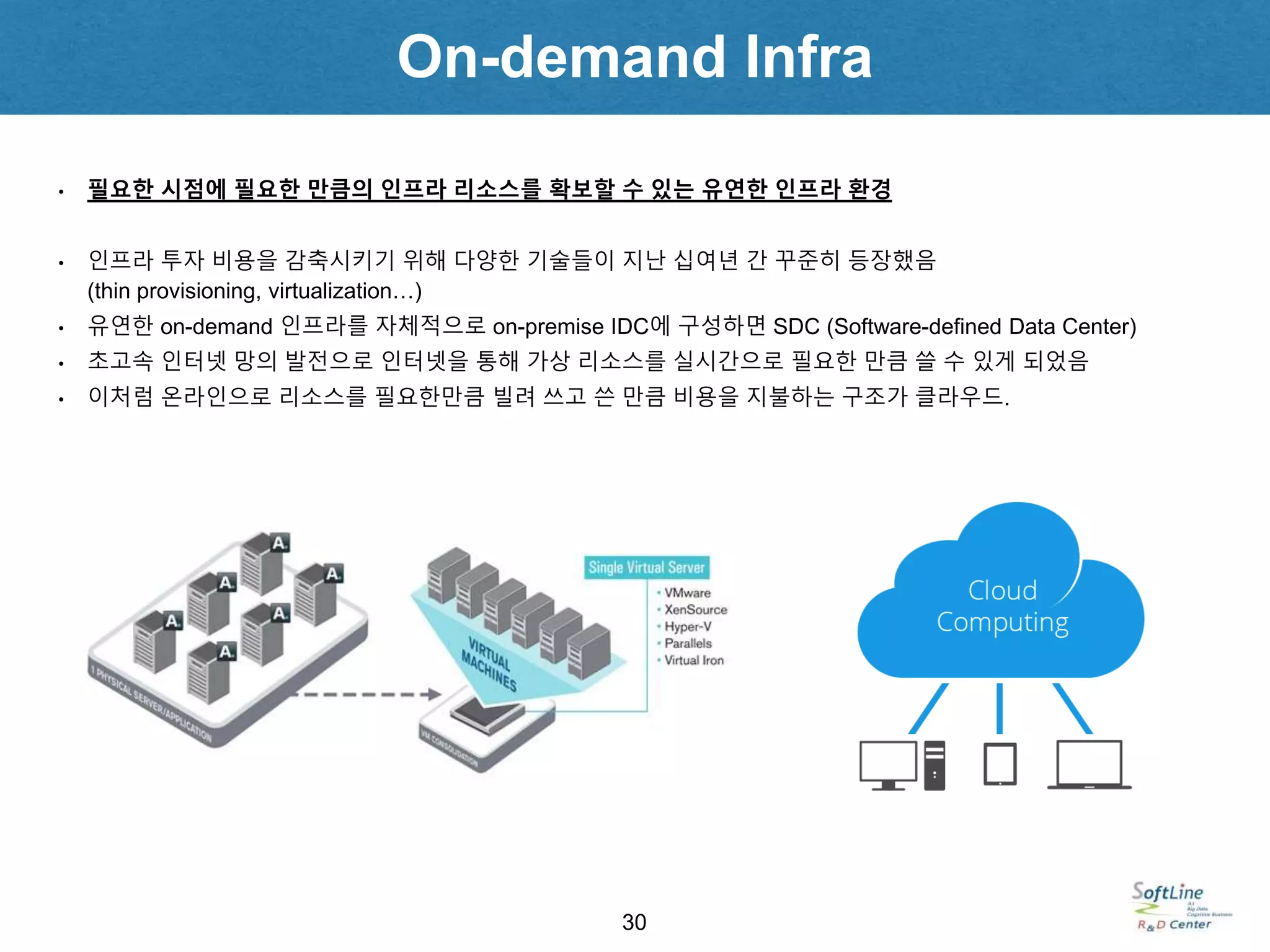 On-demand Infra
30
• 필요한 시점에 필요한 만큼의 인프라 리소스를 확보할 수 있는 유연한 인프라 환경
• 인프라 투자 비용을 감축시키기 위해 다양한 기술들이 지난 십여년 간 꾸준히 등장했음
(thin provisioning, virtualization…)
• 유연한 on-demand 인프라를 자체적으로 on-premise IDC에 구성하면 SDC (Software-defined Data Center)
• 초고속 인터넷 망의 발전으로 인터넷을 통해 가상 리소스를 실시간으로 필요한 만큼 쓸 수 있게 되었음
• 이처럼 온라인으로 리소스를 필요한만큼 빌려 쓰고 쓴 만큼 비용을 지불하는 구조가 클라우드.
 