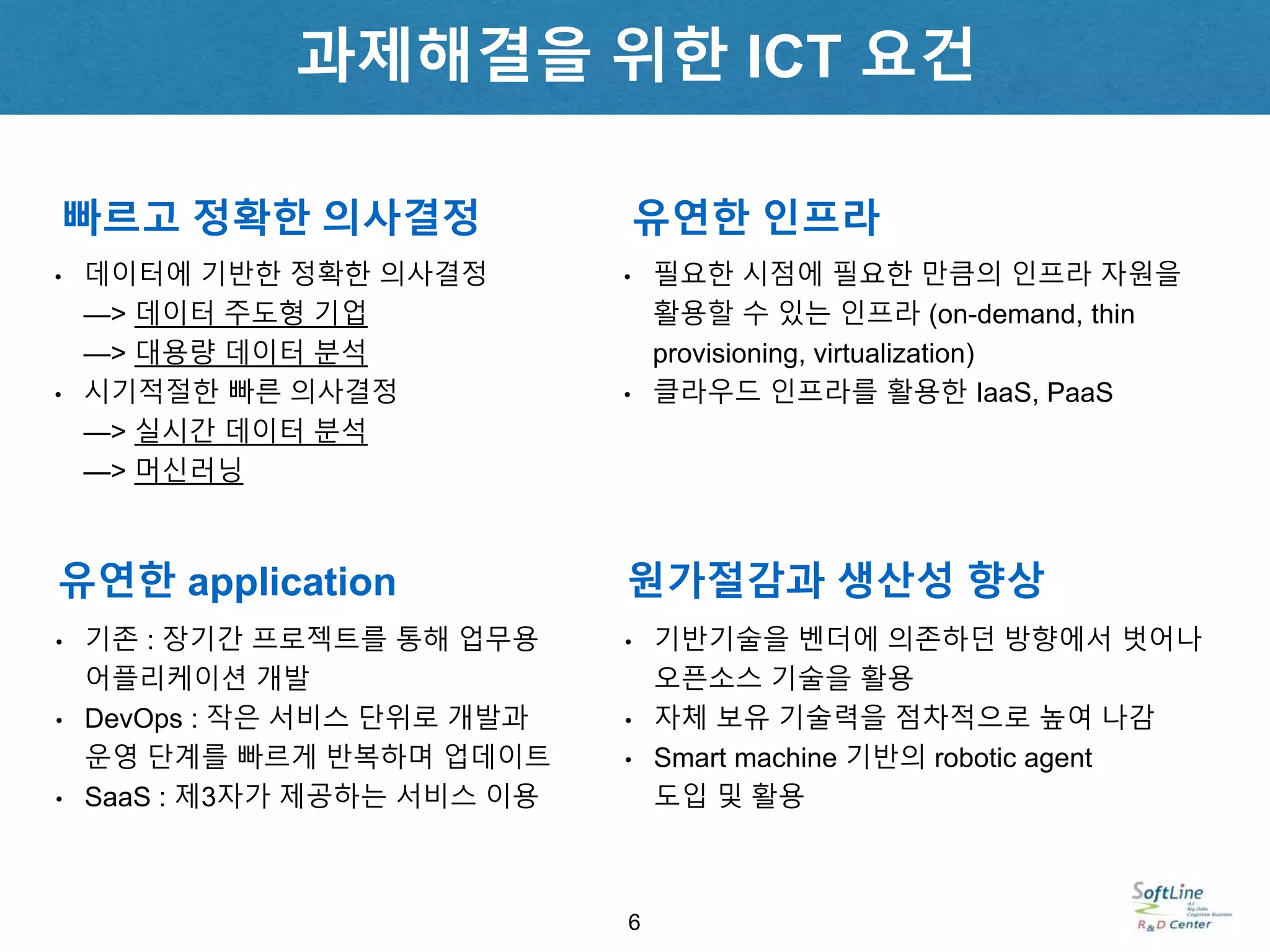 빠르고 정확한 의사결정
• 데이터에 기반한 정확한 의사결정
—> 데이터 주도형 기업
—> 대용량 데이터 분석
• 시기적절한 빠른 의사결정
—> 실시간 데이터 분석
—> 머신러닝
유연한 application
• 기존 : 장기간 프로젝트를 통해 업무용
어플리케이션 개발
• DevOps : 작은 서비스 단위로 개발과
운영 단계를 빠르게 반복하며 업데이트
• SaaS : 제3자가 제공하는 서비스 이용
유연한 인프라
• 필요한 시점에 필요한 만큼의 인프라 자원을
활용할 수 있는 인프라 (on-demand, thin
provisioning, virtualization)
• 클라우드 인프라를 활용한 IaaS, PaaS
원가절감과 생산성 향상
• 기반기술을 벤더에 의존하던 방향에서 벗어나
오픈소스 기술을 활용
• 자체 보유 기술력을 점차적으로 높여 나감
• Smart machine 기반의 robotic agent
도입 및 활용
6
과제해결을 위한 ICT 요건
 
