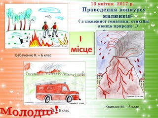 13 квітня 2017 р.
Проведення конкурсу
малюнків:
( з пожежної тематики, стихійні
явища природи ..)
6 клас
Кривчик М. – 6 клас
Кабаніст Д. – 6 клас
Бабаченко К. – 6 клас
І
місце
І
місце
 