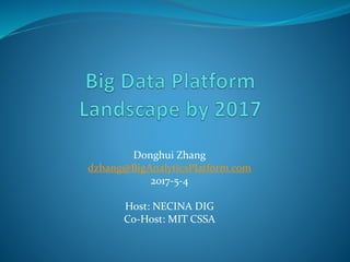Donghui Zhang
dzhang@BigAnalyticsPlatform.com
2017-5-4
Host: NECINA DIG
Co-Host: MIT CSSA
 