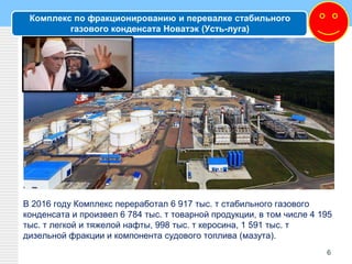 Комплекс по фракционированию и перевалке стабильного
газового конденсата Новатэк (Усть-луга)
В 2016 году Комплекс переработал 6 917 тыс. т стабильного газового
конденсата и произвел 6 784 тыс. т товарной продукции, в том числе 4 195
тыс. т легкой и тяжелой нафты, 998 тыс. т керосина, 1 591 тыс. т
дизельной фракции и компонента судового топлива (мазута).
6
 
