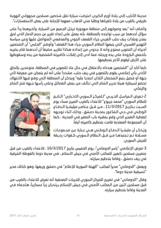 ‫ﺍﻟـﻬﻮﻳـﺔ‬ ‫ﻣـﺠﻬﻮﻟـﻲ‬ ‫ﻣﺴـﻠﺤﻴﻦ‬ ‫ﺷـﺨﺼﻴﻦ‬ ‫ﺗـﻘﻞ‬ ‫ﺳـﻴﺎﺭﺓ‬ ‫ﺍﻋـﺘﺮﺿـﺖ‬ ‫ﺍﻟـﻜﺒﺮﻯ‬ ‫ﺃﻭﺭﻡ‬ ‫ﺑـﻠﺪﺓ‬ ‫ﺇﻟـﻰ‬ ‫ﺍﻷﺗـﺎﺭﺏ‬ ‫ﻣـﺪﻳـﻨﺔ‬
."‫ﺍﺕ‬N‫ﺍﻻﺳﺘﻔﺴﺎ‬ ‫ﺑﻌﺾ‬ ‫ﻋﻠﻰ‬ ‫ﻟﻺﺟﺎﺑﺔ‬ ‫ﻣﻌﻬﻤﺎ‬ ‫ﺍﻟﺬﻫﺎﺏ‬ ‫ﻣﻨﻲ‬ ‫ﻭﻃﻠﺒﺎ‬ ‫ﻛﻔﺮﻧﺎﻫﺎ‬ ‫ﺑﻠﺪﺓ‬ ‫ﻣﻦ‬ ‫ﺑﺎﻟﻘﺮﺏ‬ ‫2ﻘﻲ‬O‫ﻃ‬
‫ﻋـﻠﻰ‬ ً‫ﺭﺩﺍ‬ ‫ﻭﺃﺧـﺒﺮﻫـﻤﺎ‬ ،‫ﺍﻟﺴـﻴﺎﺭﺓ‬ ‫ﻣـﻦ‬ ‫ﺍﻟﺠـﻤﻴﻊ‬ ‫ـﻞ‬ ّ‫ﺗـﺮﺟ‬ ‫ﻣـﻬﺠﻮﺭﺓ‬ ‫ﻣـﻨﻄﻘﺔ‬ ‫ﺇﻟـﻰ‬ ‫ﻭﺻـﻮﻟـﻬﻢ‬ ‫"ﺑـﻌﺪ‬ ‫ﺃﻧـﻪ‬ ‫ﻭﺃﺿـﺎﻑ‬
‫ـﺤﻖ‬‫ﻟ‬ ‫ـﺬﻱ‬‫ﻟ‬‫ﺍ‬ ‫ـﺎﺭ‬‫ﻣ‬‫ـﺪ‬‫ﻟ‬‫ﺍ‬ ‫ـﻢ‬‫ﺠ‬‫ﺣ‬ ‫ـﻦ‬‫ﻋ‬ ‫ـﺮ‬œO‫ـﻘ‬‫ﺗ‬ ‫ـﺪﺍﺩ‬‫ﻋ‬‫ﺇ‬ ‫ـﻠﻰ‬‫ﻋ‬ ‫ـﻌﻤﻞ‬‫ﻳ‬ ‫ـﻪ‬‫ﻧ‬‫ـﺄ‬‫ﺑ‬ ،‫ـﻤﻨﻄﻘﺔ‬‫ﻟ‬‫ـﺎ‬‫ﺑ‬ ‫ـﺪﻩ‬‫ﺟ‬‫ـﻮﺍ‬‫ﺗ‬ ‫ـﺒﺐ‬‫ﺳ‬ ‫ـﻦ‬‫ﻋ‬ ‫ـﻤﺎ‬‫ﻫ‬‫ـﺪ‬‫ﺣ‬‫ﺃ‬ ‫ـﺆﺍﻝ‬‫ﺳ‬
‫ـﺔ‬‫ﺳ‬‫ـﻴﺎ‬‫ﺳ‬ ‫ـﻦ‬‫ﻋ‬‫ﻭ‬ ‫ـﻠﻴﻬﺎ‬‫ﻋ‬ ‫ـﻞ‬‫ﺻ‬‫ـﻤﺘﻮﺍ‬‫ﻟ‬‫ﺍ‬ ‫ـﻌﻲ‬‫ﻓ‬‫ـﻤﺪ‬‫ﻟ‬‫ﻭﺍ‬ ‫ـﺠﻮﻱ‬‫ﻟ‬‫ﺍ‬ ‫ـﻘﺼﻒ‬‫ﻟ‬‫ﺍ‬ ‫ـ#ﺍﺀ‬‫ﺟ‬ ‫ـﻲ‬‫ﺑ‬‫ـﻐﺮ‬‫ﻟ‬‫ﺍ‬ ‫ـﻠﺐ‬‫ﺣ‬ ‫ـﻒ‬23 ‫ـﻠﺪﺍﺕ‬‫ﺑ‬‫ﻭ‬ ‫ـﻤﺪﻥ‬‫ﺑ‬
‫ـﺸﺨﺼﻴﻦ‬‫ﻟ‬‫ﺍ‬ ‫ﺃﻥ‬ "‫ـﻠﺒﻲ‬‫ﺤ‬‫"ﺍﻟ‬ ‫ـﺢ‬‫ﺿ‬‫ـﻘﺼﻒ".ﻭﺃﻭ‬‫ﻟ‬‫ﺍ‬ ‫ـﺬﺍ‬‫ﻫ‬ ‫ـ#ﺍﺀ‬‫ﺟ‬ ‫ـﺴﻮﺭﻱ‬‫ﻟ‬‫ﺍ‬ ‫ـﻨﻈﺎﻡ‬‫ﻟ‬‫ﺍ‬ ‫ـﺘﺒﻌﻬﺎ‬‫ﻳ‬ ‫ـﺘﻲ‬‫ﻟ‬‫ﺍ‬ ‫ـﺮﻱ‬‫ﺴ‬‫ﺍﻟﻘ‬ ‫ـﺘﻬﺠﻴﺮ‬‫ﻟ‬‫ﺍ‬
‫ـﻪ‬‫ﺑ‬‫ـﻀﺮ‬‫ﺑ‬ ‫ـﺎﻡ‬‫ﻗ‬ ‫ـﻤﺎ‬‫ﻫ‬‫ـﺪ‬‫ﺣ‬‫ﺃ‬ ‫ﺃﻥ‬ ً‫ـﻀﻴﻔﺎ‬‫ﻣ‬ ،‫ـﺮ‬œ3‫ـﻘﺎ‬‫ﺗ‬ ‫ـﻜﺬﺍ‬‫ﻫ‬ ‫ـﺪﺍﺩﻩ‬‫ﻋ‬‫ﺇ‬ ‫ـﻦ‬‫ﻣ‬ ‫ـﺪﻭﻯ‬‫ﺟ‬ ‫ﻻ‬ ‫ـﻪ‬‫ﻧ‬‫ﻭﺃ‬ ‫ـﻤﻨﻮﻉ‬‫ﻣ‬ ‫ـﺮ‬}‫ـﺘﺼﻮ‬‫ﻟ‬‫ﺍ‬ ‫ﺃﻥ‬ ‫ـﺒ#ﺍﻩ‬‫ﺧ‬‫ﺃ‬
‫ـﻬﺎ‬‫ﻃ‬‫ـﻘﻮ‬‫ﺳ‬‫ﻭ‬ ‫ـﺪﻩ‬‫ﻳ‬ ‫ـﻦ‬‫ﻣ‬ ‫ـﺸﺨﺼﻴﺔ‬‫ﻟ‬‫ﺍ‬ ‫ـﻪ‬‫ﺗ‬‫ـﻴﺮ‬‫ﻣ‬‫ـﺎ‬‫ﻛ‬ ‫ـﻼﺕ‬‫ﻓ‬‫ﺇ‬ ‫ـﻰ‬‫ﻟ‬‫ﺇ‬ ‫ﺃﺩﻯ‬ ‫ـﻤﺎ‬‫ﻣ‬ ،‫ـﻠﻪ‬‫ﺟ‬‫ﻭﺭ‬ ‫ـﺪﻩ‬‫ﻳ‬ ‫ـﻠﻰ‬‫ﻋ‬ ‫ﻭﺩﺓ‬N‫ـﺒﺎ‬‫ﻟ‬‫ﺍ‬ ‫ـﻤﺺ‬‫ﺧ‬‫ـﺄ‬‫ﺑ‬
.‫ﺑﺘﺤﻄﻴﻤﻬﺎ‬ ‫ﺍﻵﺧﺮ‬ ‫ﻟﻴﻘﻮﻡ‬ ‫ﺍﻷﺭﺽ‬ ‫ﻋﻠﻰ‬
‫ـﺤﺎﻕ‬‫ﻟ‬‫ـﺈ‬§ ‫ـﻦ‬}‫ـﺪ‬‫ﻋ‬‫ـﺘﻮ‬‫ﻣ‬ ،‫ـﻤﻨﻄﻘﺔ‬‫ﻟ‬‫ﺍ‬ ‫ـﻲ‬‫ﻓ‬ ‫ـﺮ‬}‫ـﻠﺘﺼﻮ‬‫ﻟ‬ ‫ـﺎﺩ‬‫ﻋ‬ ‫ـﺎﻝ‬‫ﺣ‬ ‫ـﻲ‬‫ﻓ‬ ‫ـﺘﻘﺎﻝ‬‫ﻋ‬‫ـﺎﻻ‬‫ﺑ‬ ‫ـﺪﺩﺍﻩ‬‫ﻫ‬ ‫ـﺸﺨﺼﻴﻦ‬‫ﻟ‬‫"ﺍ‬ ‫ﺃﻥ‬ ‫ـﺪ‬‫ﻛ‬‫ﺃ‬ ‫ـﻤﺎ‬‫ﻛ‬
‫ﻷﻱ‬ ‫ـﺔ‬‫ﻓ‬‫ـﻌﺮ‬‫ﻣ‬ ‫ـﻦ‬‫ﻣ‬ ‫ـﺘﻤﻜﻦ‬‫ﻳ‬ ‫ـﻢ‬‫ﻟ‬ ‫ـﻪ‬‫ﻧ‬‫ﺃ‬ ‫ـﻠﻰ‬‫ﻋ‬ ً‫ـﺪﺩﺍ‬‫ﺸ‬‫ﻣ‬ ،‫ـﻠﺐ‬‫ﺣ‬ ‫ـﻒ‬23 ‫ـﻲ‬‫ﻓ‬ ‫ـﺮ‬}‫ـﺘﺼﻮ‬‫ﻟ‬‫ـﺎ‬‫ﺑ‬ ‫ـﻘﻮﻡ‬‫ﻳ‬ ‫ـﻲ‬‫ﻣ‬‫ـﻼ‬‫ﻋ‬‫ﺇ‬ ‫ـﺄﻱ‬‫ﺑ‬ ‫ﺍﻷﺫﻯ‬
‫ـﺘﻬﺎﻙ‬G‫ﺍﻻ‬ ‫ﻓـﻴﻬﺎ‬ ‫ﻭﻗـﻊ‬ ‫ﺍﻟـﺘﻲ‬ ‫ﺍﻟـﻤﻨﻄﻘﺔ‬ ‫ﺃﻥ‬ ‫ﻭﻳـﺬﻛـﺮ‬ "‫ﻋـﻠﻴﻪ‬ ‫ﺍﻋـﺘﺪﻳـﺎ‬ ‫ﺍﻟـﻠﺬﺍﻥ‬ ‫ﺍﻟـﺸﺨﺼﺎﻥ‬ ‫ﻳـﺘﺒﻊ‬ ‫ﻓـﺼﻴﻞ‬ ‫ﺃﻭ‬ ‫ﺟـﻬﺔ‬
‫ـﺸﺎﻡ‬‫ﻟ‬‫ﺍ‬ ‫ـﺘﺢ‬‫ﻓ‬ ‫ـﺒﻬﺔ‬‫ﺟ‬ ‫ـﻬﺎ‬‫ﺳ‬‫ﺃ‬N ‫ـﻠﻰ‬‫ﻋ‬‫ﻭ‬ ‫ـﻞ‬‫ﺋ‬‫ـﻔﺼﺎ‬‫ﻟ‬‫ﺍ‬ ‫ـﻌﺾ‬‫ﺑ‬ ‫ـﻦ‬‫ﻣ‬ ‫ـﻒ‬‫ﻟ‬‫ـﺘﺄ‬† ‫ـﺘﻲ‬‫ﻟ‬‫ﺍ‬ ‫ـﺸﺎﻡ‬‫ﻟ‬‫ﺍ‬ ‫ـﺮ‬œO‫ـ‬‫ﺤ‬‫ﺗ‬ ‫ـﻴﺌﺔ‬‫ﻫ‬ ‫ـﻴﻄﺮﺓ‬‫ﺴ‬‫ﻟ‬ ‫ـﺨﻀﻊ‬‫ﺗ‬
.‫ﻭﺍﻟﺰﻧﻜﻲ‬
‫ﺍﻟــﺘﺎﺑــﻊ‬ "‫ﺍﻻﺧــﺒﺎﺭﻱ‬ ‫ﺍﻟــﺴﻮﺭﻱ‬ ‫"ﻟــﻠﻤﺮﻛــﺰ‬ ‫ﺍﻟﺤــﺮﺑــﻲ‬ ‫ﺍﻟــﻤ#ﺍﺳــﻞ‬ ‫2-ﺗــﻌﺮﺽ‬
‫ـﻮﻡ‬} ‫ـﺴﺎﺀ‬‫ﻣ‬ ‫ـﻤﺒ#ﺡ‬‫ﻟ‬‫ﺍ‬ ‫ـﻀﺮﺏ‬‫ﻟ‬‫ـﺎ‬‫ﺑ‬ ‫ـﺘﺪﺍﺀ‬‫ﻋ‬‫ـﻼ‬‫ﻟ‬ "‫ـﻮﻉ‬‫ﺑ‬‫ـﺮ‬‫ﺟ‬ ‫ـﻤﺪ‬‫ﺤ‬‫"ﻣ‬ ‫ـﺴﻮﺭﻱ‬‫ﻟ‬‫ﺍ‬ ‫ـﻠﻨﻈﺎﻡ‬‫ﻟ‬
‫ﺍﻟــﺪﻓــﺎﻉ‬ ‫ﻣﻴﻠﻴﺸــﻴﺎ‬ ‫ﻋــﻨﺎﺻــﺮ‬ ‫ﻗــﺒﻞ‬ ‫ﻣــﻦ‬ ، 11/3/2017 ‫ﺑــﺘﺎ32ــﺦ‬ ‫ﺍﻟﺴــﺒﺖ‬
‫ﺗـﻮﺟـﻬﻪ‬ ‫ﺍ–ـﻨﺎﺀ‬ ‫ﻭﺫﻟـﻚ‬ ، ‫ﺩﻣـﺸﻖ‬ ‫ﺑـﻤﺪﻳـﻨﺔ‬ ‫ﺍﻟـﺸﺎﻏـﻮﺭ‬ ‫ﺣـﻲ‬ ‫ﻓـﻲ‬ ‫ﺍﻟـﻮﻃـﻨﻲ‬
‫ـﻤﺎ‬‫ﻛ‬ ، ‫ـﻨﺔ‬‫ﻳ‬‫ـﺪ‬‫ﻤ‬‫ﺍﻟ‬ ‫ـﻲ‬‫ﻓ‬ ‫ـﺼﻐﻴﺮ‬‫ﻟ‬‫ﺍ‬ ‫ـﺎﺏ‬‫ﺑ‬ ‫ـﻤﻘﺒﺮﺓ‬‫ﺑ‬ ‫ـﻊ‬‫ﻗ‬‫ﻭ‬ ‫ـﺬﻱ‬‫ﻟ‬‫ﺍ‬ ‫ـﺘﻔﺠﻴﺮ‬‫ﻟ‬‫ﺍ‬ ‫ـﺘﻐﻄﻴﺔ‬‫ﻟ‬
.ً‫ﺃﻳﻀﺎ‬ ‫ﻛﺎﻣﻴﺮﺗﻪ‬ ‫ﺑﺘﺤﻄﻴﻢ‬ ‫ﻗﺎﻣﺖ‬ ‫ﺍﻟﻤﻌﺘﺪﻳﺔ‬ ‫ﺍﻟﻤﺠﻤﻮﻋﺔ‬ ‫ﺃﻥ‬
‫ﻣﺠــﻤﻮﻋــﺎﺕ‬ ‫ﻋــﻦ‬ ‫ﻋــﺒﺎﺭﺓ‬ ‫ﻫــﻲ‬ ‫ﺍﻟــﻮﻃــﻨﻲ‬ ‫ﺍﻟــﺪﻓــﺎﻉ‬ ‫ﻣﻠﻴﺸــﻴﺎ‬ ‫ﺃﻥ‬ ‫ــﺬﻛــﺮ‬ُ‫ﻭﻳ‬
‫ﺭﺩﻳــﻔﺔ‬ ‫ﻛــﻘﻮﺍﺕ‬ ‫ﺍﻟــﺴﻮﺭﻱ‬ ‫ﺍﻟــﻨﻈﺎﻡ‬ ‫ﻗــﺒﻞ‬ ‫ﻣــﻦ‬ ‫ﺗــﺠﻨﻴﺪﻫــﺎ‬ ‫ﺗــﻢ‬ ‫ﻣﺴــﻠﺤﺔ‬
.‫ﺍﻟﺴﻮﺭﻱ‬ ‫ﻟﻠﺠﻴﺶ‬
‫ـﺒﻞ‬‫ﻗ‬ ‫ـﻦ‬‫ﻣ‬ ‫ـﻀﺮﺏ‬‫ﻟ‬‫ـﺎ‬‫ﺑ‬ ‫ـﺘﺪﺍﺀ‬‫ﻋ‬‫ـﻼ‬‫ﻟ‬ ، 16/3/2017 ‫ـﺦ‬23‫ـﺘﺎ‬‫ﺑ‬ ‫ـﻤﻴﺲ‬‫ﺨ‬‫ﺍﻟ‬ ‫ـﻮﻡ‬} ،"‫ـﻲ‬‫ﻧ‬‫ـﺎ‬‫ﻣ‬‫ـﺪﻭ‬‫ﻟ‬‫ﺍ‬ ‫ـﺮ‬‫ﺳ‬‫ـﺎ‬‫ﻳ‬" ‫ـﻲ‬‫ﻣ‬‫ـﻼ‬‫ﻋ‬‫ﺍﻹ‬ ‫ـﻌﺮﺽ‬‫ﺗ‬-3
‫ـﻴﺔ‬‫ﻗ‬‫ـﺮ‬‫ﺸ‬‫ﺍﻟ‬ ‫ـﺔ‬‫ﻃ‬‫ـﻐﻮ‬‫ﻟ‬‫ـﺎ‬‫ﺑ‬ ‫ـﺎ‬‫ﻣ‬‫ﺩﻭ‬ ‫ـﻨﺔ‬‫ﻳ‬‫ـﺪ‬‫ﻣ‬ ‫ـﻲ‬‫ﻓ‬ ، ‫ـﻼﻡ‬‫ﺳ‬‫ﺍﻻ‬ ‫ـﻴﺶ‬‫ﺟ‬ ‫ـﻲ‬‫ﻓ‬ ‫ـﻨﻲ‬‫ﻣ‬‫ﺍﻷ‬ ‫ـﻠﻤﻜﺘﺐ‬‫ﻟ‬ ‫ـﻌﻴﻦ‬‫ﺑ‬‫ـﺎ‬‫ﺗ‬ ‫ـﻠﺤﻴﻦ‬‫ﺴ‬‫ﻣ‬ ‫ـﻦ‬œO‫ـﻨﺼ‬‫ﻋ‬
.‫ﺳﻴﺎﺭﺗﻪ‬ ‫ﺑﺘﺤﻄﻴﻢ‬ ‫ﻭﻗﺎﻣﺎ‬ ، ‫ﺩﻣﺸﻖ‬ ‫32ﻒ‬ ‫ﻓﻲ‬
‫ـﺮ‬}‫ـﺪ‬‫ﻣ‬ ‫ـﻚ‬‫ﻟ‬‫ـﺬ‬‫ﻛ‬ ‫ـﻮ‬‫ﻫ‬‫ﻭ‬ ،‫ـﻔﻬﺎ‬23‫ﻭ‬ ‫ـﺸﻖ‬‫ﻣ‬‫ﺩ‬ ‫ـﻲ‬‫ﻓ‬ "‫ـﻼﻡ‬‫ﻋ‬‫ـﻺ‬‫ﻟ‬ ‫ـﺔ‬23‫ـﺴﻮ‬‫ﻟ‬‫ﺍ‬ ‫ـﻴﺌﺔ‬‫ﻬ‬‫"ﺍﻟ‬ ‫ـﻤﻜﺘﺐ‬‫ﻟ‬ ً‫ـ#ﺍ‬‫ﻳ‬‫ـﺪ‬‫ﻣ‬ "‫ـﻲ‬‫ﻧ‬‫ـﺎ‬‫ﻣ‬‫ـﺪﻭ‬‫ﻟ‬‫"ﺍ‬ ‫ـﻌﻤﻞ‬‫ﻳ‬‫ﻭ‬
."‫ﺩﻭﻣﺎ‬ ‫ﻣﺪﻳﻨﺔ‬ ‫"•ﻨﺴﻴﻘﻴﺔ‬
‫ـﻦ‬‫ﻣ‬ ‫ـﻀﺮﺏ‬‫ﻟ‬‫ـﺎ‬‫ﺑ‬ ‫ـﺘﺪﺍﺀ‬‫ﻋ‬‫ـﻼ‬‫ﻟ‬ ‫ـﻌﺮﺽ‬‫ﺗ‬ ‫ـﻪ‬‫ﻧ‬‫ﺃ‬ ‫ـﺼﺤﻔﻴﺔ‬‫ﻟ‬‫ﺍ‬ ‫ـﺎﺕ‬2O‫ـ‬‫ﺤ‬‫ﻟﻠ‬ ‫ـﺴﻮﺭﻱ‬‫ﻟ‬‫ﺍ‬ ‫ـﺰ‬‫ﻛ‬‫ـﻠﻤﺮ‬‫ﻟ‬ ‫ـﺢ‬2O‫ـﺼ‬‫ﺗ‬ ‫ـﻲ‬‫ﻓ‬ "‫ـﻲ‬‫ﻧ‬‫ـﺎ‬‫ﻣ‬‫ـﺪﻭ‬‫ﻟ‬‫"ﺍ‬ ‫ـﺎﻝ‬‫ﻗ‬‫ﻭ‬
‫ﻓـﻲ‬ ‫ﻫـﺎﺟـﻤﺎﻩ‬ ،ً‫2ـﺎ‬O‫ﻋـﺴﻜ‬ ً‫“2ـﺎ‬ ‫}ـﺮﺗـﺪﻳـﺎﻥ‬ ‫ﺍﻹﺳـﻼﻡ‬ ‫ﺟـﻴﺶ‬ ‫ﻓـﻲ‬ ‫ﺍﻷﻣـﻨﻲ‬ ‫ﺍﻟـﻤﻜﺘﺐ‬ ‫ﻣـﻦ‬ ‫ﺍ–ـﻨﻴﻦ‬ ‫ﻣﺴـﻠﺤﻴﻦ‬ ‫ﻗـﺒﻞ‬
.‫ﺳﻴﺎﺭﺗﻪ‬ ‫ﺑﺘﺤﻄﻴﻢ‬ ‫ﻭﻗﺎﻣﺎ‬ ‫ﺍﻟﻤﺪﻳﻨﺔ‬
2017 !"#$ %&' %(%)* ١٥ ,-./01" 23(%/41 5!671" 89%:1"
 