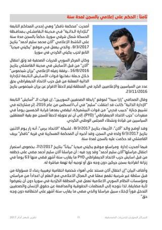 ‫ﺳﻨﺔ‬ ‫ﻟﻤﺪﺓ‬ ‫ﺑﺎﻟﺴﺠﻦ‬ ‫ﺇﻋﻼﻣﻲ‬ ‫ﻋﻠﻰ‬ ‫ﺍﻟﺤﻜﻢ‬ : ً‫ﺛﺎﻣﻨﺎ‬
‫ـﻌﺔ‬‫ﺑ‬‫ـﺘﺎ‬‫ﻟ‬‫ﺍ‬ ‫ـﻢ‬‫ﻛ‬‫ـﻤﺤﺎ‬‫ﻟ‬‫ﺍ‬ ‫ـﺪﻯ‬‫ﺣ‬‫ﺇ‬ ‫ـﻲ‬‫ﻫ‬‫ﻭ‬ "‫ـﻜﺮ‬‫ﻓ‬‫ـﺎ‬‫ﻧ‬ ‫ـﺤﻜﻤﺔ‬‫ﻣ‬" ‫ـﺪﺭﺕ‬‫ﺻ‬‫ﺃ‬
‫ﺑــﻤﺤﺎﻓــﻈﺔ‬ ‫ﺍﻟــﻘﺎﻣﺸــﻠﻲ‬ ‫ﻣــﺪﻳــﻨﺔ‬ ‫ﻓــﻲ‬ "‫ﺍﻟــﺬﺍ™ــﻴﺔ‬ ‫"ﻟــﻺﺩﺍﺭﺓ‬
‫ـﻨﺔ‬‫ﺳ‬ ‫ـﺪﺓ‬‫ﻣ‬ ‫ـﺴﺠﻦ‬‫ﻟ‬‫ـﺎ‬‫ﺑ‬ ً‫ـﻜﻤﺎ‬‫ﺣ‬ ،‫ـﺎ‬23‫ـﻮ‬‫ﺳ‬ ‫ـﻲ‬‫ﻗ‬‫ـﺮ‬‫ﺷ‬ ‫ـﻤﺎﻝ‬‫ﺷ‬ ‫ـﺤﺴﻜﺔ‬‫ﻟ‬‫ﺍ‬
‫ـﺦ‬23‫ـﺘﺎ‬‫ﺑ‬ "‫ـﻤﺪ‬‫ﺣ‬‫ﺃ‬ ‫ـﻠﻴﻢ‬‫ﺳ‬ ‫ـﻤﺪ‬‫ﺤ‬‫ﻣ‬ ‫"ﺁﻻﻥ‬ ‫ـﻲ‬‫ﻣ‬‫ـﻼ‬‫ﻋ‬‫ﺍﻹ‬ ‫ـﻂ‬‫ﺷ‬‫ـﻨﺎ‬‫ﻟ‬‫ﺍ‬ ‫ـﻠﻰ‬‫ﻋ‬
"‫ﻣـﻴﺪﻳـﺎ‬ ‫"ﻳـﻜﻴﺘﻲ‬ ‫ﻣـﻮﻗـﻊ‬ ‫ﻓـﻲ‬ ‫ﻳـﻌﻤﻞ‬ ‫ﻭﺍﻟـﺬﻱ‬ ، 8/3/2017
.‫ﺳﻮ32ﺎ‬ ‫ﻓﻲ‬ ‫ﺍﻟﻜﺮﺩﻱ‬ ‫ﻳﻜﻴﺘﻲ‬ ‫ﻟﺤﺰﺏ‬ ‫ﺍﻟﺘﺎﺑﻊ‬
‫ـﺘﻘﺎﻝ‬‫ﻋ‬‫ﺍ‬ ‫ـﻖ‬‫ﺛ‬‫ﻭ‬ ‫ـﺪ‬‫ﻗ‬ ‫ـﺼﺤﻔﻴﺔ‬‫ﻟ‬‫ﺍ‬ ‫ـﺎﺕ‬2O‫ـ‬‫ﺤ‬‫ﻟﻠ‬ ‫ـﺴﻮﺭﻱ‬‫ﻟ‬‫ﺍ‬ ‫ـﺰ‬‫ﻛ‬‫ـﻤﺮ‬‫ﻟ‬‫ﺍ‬ ‫ـﺎﻥ‬‫ﻛ‬‫ﻭ‬
‫ﺑـﺘﺎ32ـﺦ‬ ‫ﺍﻟـﻘﺎﻣﺸـﻠﻲ‬ ‫ﻣـﺪﻳـﻨﺔ‬ ‫ﻓـﻲ‬ ‫ﺍﻵﺳـﺎﻳـﺶ‬ ‫ﻗـﺒﻞ‬ ‫ﻣـﻦ‬ "‫"ﺁﻻﻥ‬
"‫ـﻴﺨﻤﻮﺱ‬‫ﺷ‬ ‫ـ#¯ﺍﻥ‬‫ﺑ‬" ‫ـﻲ‬‫ﻣ‬‫ـﻼ‬‫ﻋ‬‫ﺍﻹ‬ ‫ـﻴﻠﻪ‬‫ﻣ‬‫ﺯ‬ ‫ـﻘﺔ‬‫ﻓ‬‫ـﺮ‬‫ﺑ‬ ، 16/8/2016
‫ﻟــﻺﺩﺍﺭﺓ‬ ‫ﺍﻟــﺘﺎﺑــﻌﺔ‬ ‫ﺍﻵﺳــﺎﻳــﺶ‬ ‫ﻗــﻮﺍﺕ‬ ‫ﻧــﻔﺬﺗــﻬﺎ‬ ‫ﺣــﻤﻠﺔ‬ ‫ﺧــﻼﻝ‬
‫ـﺤﻖ‬‫ﺑ‬ ‫ـﻲ‬‫ﻃ‬‫ـﻤﻘ#ﺍ‬‫ﻳ‬‫ـﺪ‬‫ﻟ‬‫ﺍ‬ ‫ـﺤﺎﺩ‬‫ﺗ‬‫ﺍﻻ‬ ‫ـﺰﺏ‬‫ﺣ‬ ‫ـﺒﻞ‬‫ﻗ‬ ‫ـﻦ‬‫ﻣ‬ ‫ـﻤﻌﻠﻨﺔ‬‫ﻟ‬‫ﺍ‬ ‫ـﻴﺔ‬™‫ـﺬﺍ‬‫ﻟ‬‫ﺍ‬
‫ـﺦ‬23‫ـﺘﺎ‬‫ﺑ‬ ‫ـﻴﺨﻤﻮﺱ‬‫ﺷ‬ ‫ـ#¯ﺍﻥ‬‫ﺑ‬ ‫ـﻦ‬‫ﻋ‬ ‫ـ#ﺍﺝ‬‫ﻓ‬‫ﺍﻻ‬ ً‫ـﻘﺎ‬‫ﺣ‬‫ﻻ‬ ‫ـﻴﺘﻢ‬‫ﻟ‬،‫ـﻤﻨﻄﻘﺔ‬‫ﻟ‬‫ﺍ‬ ‫ـﻲ‬‫ﻓ‬ ‫ـﻜﺮﺩ‬‫ﻟ‬‫ﺍ‬ ‫ـ9ﻴﻦ‬‫ﻣ‬‫ـﻼ‬‫ﻋ‬‫ﻭﺍﻹ‬ ‫ـ9ﻴﻦ‬‫ﺳ‬‫ـﻴﺎ‬‫ﺴ‬‫ﺍﻟ‬ ‫ـﻦ‬‫ﻣ‬ ‫ـﺪﺩ‬‫ﻋ‬
.23/11/2016
‫ـﻌﺔ‬‫ﺑ‬‫ـﺘﺎ‬‫ﻟ‬‫ﺍ‬ "‫ـﺶ‬‫ﻳ‬‫ـﺎ‬‫ﺳ‬‫"ﺃ‬ ‫ﺍﻟـ‬ ‫ـﻮﺍﺕ‬‫ﻗ‬ ‫ﺇﻥ‬ ،"‫ـﻴﻦ‬e3‫ـﺴﻮ‬‫ﻟ‬‫ﺍ‬ ‫ـﺼﺤﻔ9ﻴﻦ‬‫ﻟ‬‫ﺍ‬ ‫ـﻄﺔ‬‫ﺑ‬‫ﺍ‬N" ‫ـﻊ‬‫ﻗ‬‫ـﻤﻮ‬‫ﻟ‬ "‫ـﻴﺪﺍ‬‫ﺳ‬ ‫ﺍ‬N‫"¯ﺍ‬ ‫ـﻲ‬‫ﻓ‬‫ـﺼﺤﺎ‬‫ﻟ‬‫ﺍ‬ ‫ـﺎﻝ‬‫ﻗ‬‫ﻭ‬
‫ـﻲ‬‫ﻓ‬ ‫ـﺘﻪ‬‫ﻛ‬‫ـﺸﺎﺭ‬‫ﻣ‬ ‫ـﺮ‬-‫ﺇ‬ ،2016 ‫ـﺎﻡ‬‫ﻋ‬ ‫ـﻦ‬‫ﻣ‬ ‫ـﻄﺲ‬‫ﺴ‬‫ﺁﺏ/ﺃﻏ‬ ‫ـﻲ‬‫ﻓ‬ "‫ـﻠﻴﻢ‬‫ﺳ‬" ‫ـﺘﻘﻠﺖ‬‫ﻋ‬‫ﺍ‬ ‫ـﺪ‬‫ﻗ‬ ‫ـﺖ‬‫ﻧ‬‫ـﺎ‬‫ﻛ‬ "‫ـﻴﺔ‬™‫ـﺬﺍ‬‫ﻟ‬‫ﺍ‬ ‫"ﺍﻹﺩﺍﺭﺓ‬
‫ﻓـﻲ‬ ً‫}ـﻮﻣـﺎ‬ ‫ﺍﻟﺨـﻤﺴﻴﻦ‬ ‫ﻗـ#ﺍﺑـﺔ‬ ‫ﺑـﻌﺪﻫـﺎ‬ ‫ﻟـﻴﻘﻀﻲ‬ ،‫ﻴﺸﻤﺮﻛـﺔ‬Ÿ‫ﺍﻟـ‬ ‫ﻗـﻮﺍﺕ‬ ‫ﻣـﻦ‬ "‫ﻗـﺪﺭﻱ‬ ‫ﻴﺐ‬Ÿ‫"ﺣـ‬ ‫ﺟـﻨﺎﺯﺓ‬ ‫ﺗﺸـ9ﻴﻊ‬
‫ـﻤﻌﺘﻘﻠﻴﻦ‬‫ﻟ‬‫ﺍ‬ ‫ـﻘﻴﺔ‬‫ﺑ‬ ‫ـﻊ‬‫ﻣ‬ ‫ـﻠﺴﺠﻦ‬‫ﻟ‬ ً‫ـﻘﺎ‬‫ﺣ‬‫ﻻ‬ ‫ـﻠﻪ‬‫ﻳ‬‫ـﺤﻮ‬‫ﺗ‬ ‫ـﻢ‬‫ﺗ‬ ‫ﺃﻥ‬ ‫ـﻰ‬‫ﻟ‬‫ﺇ‬ ،(PYD) "‫ـﻲ‬‫ﻃ‬‫ـﻤﻘ#ﺍ‬‫ﻳ‬‫ـﺪ‬‫ﻟ‬‫ﺍ‬ ‫ـﺤﺎﺩ‬‫ﺗ‬‫ﺍﻻ‬ ‫ـﺰﺏ‬‫ﺣ‬" ‫ـﻨﻔﺮﺩﺍﺕ‬‫ﻣ‬
.‫ﺍﻟﻜﺮﺩﻱ‬ ‫ﺍﻟﻮﻃﻨﻲ‬ ‫ﺍﻟﻤﺠﻠﺲ‬ ‫ﻭﻧﺸﻄﺎﺀ‬ ‫ﻗﻴﺎﺩﺓ‬ ‫ﻣﻦ‬ ‫ﺍﻟﺴﻴﺎﺳ9ﻴﻦ‬
‫ـﻨﻴﻦ‬µ‫ﺍﻻ‬ ‫}ـﻮﻡ‬ ‫¯ﺍﺭ‬ ‫ﺃﻧـﻪ‬ ،"‫ﺑـﺮﺱ‬ ‫"ﺍﻻﺗـﺤﺎﺩ‬ ‫ﻟﺸـﺒﻜﺔ‬ ، 8/3/2017 ‫ﺑـﺘﺎ32ـﺦ‬ ‫ﺍﻷﺭﺑـﻌﺎﺀ‬ ،"‫"ﺁﻻﻥ‬ ‫ﻭﺍﻟـﺪ‬ ‫ﺃﻭﺿـﺢ‬ ‫ﻭﻗـﺪ‬
‫ـﻒ‬2O‫ـ‬‫ﺑ‬ "‫ـﻜﺮ‬‫ﻓ‬‫ـﺎ‬‫ﻧ‬" ‫ـﺔ‬2O‫ـ‬‫ﻗ‬ ‫ـﻲ‬‫ﻓ‬ ‫ـﺔ‬2O‫ـﻌﺴﻜ‬‫ﻟ‬‫ﺍ‬ ‫ـﻤﺤﻜﻤﺔ‬‫ﻟ‬‫ﺍ‬ ‫ﺃﻥ‬ ‫ـﺒﺮﻩ‬‫ﺧ‬‫ﺃ‬ ‫ـﺪ‬‫ﻗ‬‫ﻭ‬ ،‫ـﺴﺠﻦ‬‫ﻟ‬‫ﺍ‬ ‫ـﻲ‬‫ﻓ‬ ‫ـﺪﻩ‬‫ﻟ‬‫ﻭ‬ 6/3/2017 ‫ـﺦ‬23‫ـﺘﺎ‬‫ﺑ‬
.‫ﺳﻨﺔ‬ ‫ﻟﻤﺪﺓ‬ ‫ﺑﺎﻟﺴﺠﻦ‬ ‫ﻋﻠﻴﻪ‬ ‫ﺣﻜﻤﺖ‬ ‫ﻗﺪ‬ ‫ﺍﻟﻘﺎﻣﺸﻠﻲ‬
‫ﺍﺳـﺘﻤ#ﺍﺭ‬ ‫ﺑـﺨﺼﻮﺹ‬ ،7/2/2017 ‫ﺑـﺘﺎ32ـﺦ‬ "ً‫ـﻴﺎﻧـﺎ‬t" ‫ﻣـﻴﺪﻳـﺎ‬ ‫ﻳـﻜﻴﺘﻲ‬ ‫ﻣـﻮﻗـﻊ‬ ‫ﻭﻣـ#ﺍﺳـﻠﻮ‬ ‫ﺇﺩﺍﺭﺓ‬ ‫ﺃﺻـﺪﺭﺕ‬ ‫ﻓـﻴﻤﺎ‬
‫ـﻄﻔﻪ‬‫ﺧ‬ ‫ـﻠﻰ‬‫ﻋ‬ ‫ـﻀﻰ‬‫ﻣ‬ ‫ـﻤﺪ‬‫ﺣ‬‫ﺃ‬ ‫ـﻠﻴﻢ‬‫ﺳ‬ ‫ﺁﻻﻥ‬ ‫ـﻠﻨﺎ‬‫ﺳ‬‫ـ#ﺍ‬‫ﻣ‬ ‫ﺃﻥ‬ : ‫ـﻴﻪ‬‫ﻓ‬ ‫ﻭﺭﺩ‬ ‫ـﺪ‬‫ﻗ‬‫ﻭ‬ "‫ـﻤﺪ‬‫ﺣ‬‫ﺃ‬ ‫ـﻠﻴﻢ‬‫ﺳ‬ ‫ـﻠﻬﺎ"ﺁﻻﻥ‬‫ﺳ‬‫ـ#ﺍ‬‫ﻣ‬ ‫ـﺘﻘﺎﻝ‬‫ﻋ‬‫ﺍ‬
‫ـﻲ‬‫ﻓ‬ ً‫ـﺎ‬‫ﻣ‬‫ـﻮ‬} 63 ‫ـﻨﻬﺎ‬‫ﻣ‬ ‫ـﻀﻰ‬‫ﻗ‬ ‫ـﺮ‬‫ﻬ‬‫ﺃﺷ‬ ‫ـﺘﺔ‬‫ﺳ‬ ‫ـﻘﺎﺭﺏ‬‫ﻳ‬ ‫ـﺎ‬‫ﻣ‬ PYD ‫ـﻲ‬‫ﻃ‬‫ـﻤﻘ#ﺍ‬‫ﻳ‬‫ـﺪ‬‫ﻟ‬‫ﺍ‬ ‫ـﺤﺎﺩ‬‫ﺗ‬‫ﺍﻻ‬ ‫ـﺰﺏ‬‫ﺣ‬ ‫ـﺶ‬‫ﻳ‬‫ـﺎ‬‫ﺳ‬‫ﺍ‬ ‫ـﺒﻞ‬‫ﻗ‬ ‫ـﻦ‬‫ﻣ‬
.‫ﻟﻪ‬ ‫ﻣﺒﺎﺷﺮﺓ‬ ‫ﺗﻬﻤﺔ‬ ‫ﺃﻳﺔ‬ ‫ﺗﻮﺟﻴﻪ‬ ‫ﺃﻭ‬ ‫ﺣﻖ‬ ‫ﻭﺟﻪ‬ ‫ﺩﻭﻥ‬ ‫ﺟﺮﻛﻴﻦ‬ ‫ﺑﺴﺠﻦ‬ ‫ﺍﻧﻔ#ﺍﺩﻳﺔ‬ ‫ﺯﻧ¨ﺍﻧﺔ‬
‫ـﻦ‬‫ﻣ‬ ‫ـﺔ‬‫ﻟ‬‫ـﺴﺆﻭ‬‫ﻣ‬ ‫ﻻ‬ ‫ـﻨﺎﺀ‬‫ﻋ‬‫ﺭ‬ ‫ﻴﺔ‬Ÿ‫ـﻴ‬‫ﻫ‬‫ـﺮ‬‫ﺗ‬ ‫ـﻴﺔ‬‫ﻣ‬‫ـﺘﻘﺎ‬G‫ﺍ‬ ‫ـﺨﺼﻴﺔ‬‫ﺷ‬ ‫ـﻮﺍﺀ‬‫ﻫ‬‫ﺃ‬ ‫ـﻠﻰ‬‫ﻋ‬ ‫ـﺘﻨﺪ‬‫ﺴ‬‫ﻣ‬ ‫ﺁﻻﻥ‬ ‫ـﺘﻘﺎﻝ‬‫ﻋ‬‫ﺍ‬ ‫ﻴﺎﻥ:"ﺇﻥ‬Ÿ‫ـ‬‫ﻟ‬‫ﺍ‬ ‫ـﺎﻑ‬‫ﺿ‬‫ﻭﺃ‬
‫ﻣـ#ﺍﺳـﻠﻲ‬ ‫ﻣـﻦ‬ ً‫ﺍﻋـﺪﺍﺩﺍ‬ ‫ﺃﻥ‬ ‫ﺍﻟـﻌﻠﻢ‬ ‫ﻣـﻊ‬ ‫ﺍﻻﻋـﻼﻣـﻲ‬ ‫ﺍﻟـﻤﺠﺎﻝ‬ ‫ﻓـﻲ‬ ‫ﻋـﻤﻠﻨﺎ‬ ‫ﺗـﻘﻤﻊ‬ ‫ﺷـﺮﻋـﻴﺔ‬ ‫ﻏـﻴﺮ‬ ‫ﺳـﻠﻄﺔ‬ ‫ﻗـﺒﻞ‬
‫ـﻮﺍ‬‫ﺿ‬‫ـﺘﻌﺮ‬‫ﻳ‬ ‫ﺃﻥ‬ ‫ﺩﻭﻥ‬ ‫ـﺎ‬23‫ـﻮ‬‫ﺳ‬ ‫ـﻲ‬‫ﻓ‬ ‫ـﺔ‬‫ﻳ‬‫ﺩ‬ ُ‫ـﻜﺮ‬‫ﻟ‬‫ﺍ‬ ‫ـﻤﻨﻄﻘﺔ‬‫ﻟ‬‫ﺍ‬ ‫ـﻲ‬‫ﻓ‬ ‫ـﻌﻤﻞ‬‫ﺗ‬ ‫ـﻴﺔ‬‫ﻣ‬‫ـﻼ‬‫ﻋ‬‫ﺍﻻ‬ ‫ـﺴﻮﺭﻱ‬‫ﻟ‬‫ﺍ‬ ‫ـﻨﻈﺎﻡ‬‫ﻟ‬‫ﺍ‬ ‫ـﺴﺎﺕ‬‫ﺳ‬‫ـﺆ‬‫ﻣ‬‫ﻭ‬
‫ـﺼﺤﻔ9ﻴﻦ‬‫ﻟ‬‫ﻭﺍ‬ ‫ـﺴﺎﻥ‬‫ﻧ‬‫ﺍﻹ‬ ‫ـﻘﻮﻕ‬‫ﺣ‬ ‫ـﻦ‬‫ﻋ‬ ‫ـﻌﺔ‬‫ﻓ‬‫ـﻤﺪﺍ‬‫ﻟ‬‫ﻭﺍ‬ ‫ـﻴﺔ‬‫ﻗ‬‫ـﺤﻘﻮ‬‫ﻟ‬‫ﺍ‬ ‫ـﻤﻨﻈﻤﺎﺕ‬‫ﻟ‬‫ﺍ‬ ‫ـﻰ‬‫ﻟ‬‫ﺇ‬ ‫ـﻪ‬‫ﺟ‬‫ـﺘﻮ‬G ‫ـﺬﺍ‬‫ﻟ‬ ,‫ـﻘﺔ‬‫ﻳ‬‫ـﻀﺎ‬‫ﻣ‬ ‫ـﺔ‬‫ﻳ‬‫ﻷ‬
‫ـﻪ‬‫ﺟ‬‫ﻭ‬ ‫ﺩﻭﻥ‬ ‫ـﻪ‬‫ﻓ‬‫ـﺘﻄﺎ‬‫ﺧ‬‫ﺍ‬ ‫ـﻠﻰ‬‫ﻋ‬ ‫ـﺮ‬‫ﻬ‬‫ﺃﺷ‬ ‫ـﺘﺔ‬‫ﺳ‬ ‫ـﻘﺎﺭﺏ‬‫ﻳ‬ ‫ـﺎ‬‫ﻣ‬ ‫ـﻀﻰ‬‫ﻣ‬ ‫ـﺬﻱ‬‫ﻟ‬‫ﻭﺍ‬ ‫ـﻠﻨﺎ‬‫ﺳ‬‫ـ#ﺍ‬‫ﻣ‬ ‫ﻴﻞ‬Ÿ‫ـ‬‫ﺳ‬ ‫ـﻼﺀ‬‫ﺧ‬‫ﻹ‬ ً‫ﺍ‬N‫ـﻮ‬‫ﻓ‬ ‫ـﻞ‬‫ﺧ‬‫ـﺘﺪ‬‫ﻟ‬‫ﺍ‬
"‫ﺣﻖ‬
2017 !"#$ %&' %(%)* ١٨ ,-./01" 23(%/41 5!671" 89%:1"
 