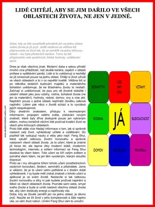 www.akademiestesti.webs.com
LIDÉ CHTĚJÍ, ABY SE JIM DAŘILO VE VŠECH
OBLASTECH ŽIVOTA, NE JEN V JEDNÉ.
Doba, kdy se lidé soustředili převážně jen na jednu oblast
svého života je již pryč. Ještě nedávno se většina lidí
připravovala na život tak, že se zaměřili na jednu klíčovou
oblast – tou byla především kariéra. Tomu se též
přizpůsobila celá společnost, lidské hodnoty, vzdělávání
apod.
Dnes je však všechno jinak. Moderní doba s sebou přináší
mnoho více příležitostí, než skvělá kariéra, úspěch v oblasti
profese a vydělávání peněz. Lidé si to uvědomují a nechtějí
se již omezovat pouze na jednu oblast. Chtějí si život užívat
ve všech oblastech a to v co největší kvalitě. Většina lidí si
po několika stoletích budování majetků a materiálního
bohatství uvědomuje, že ke šťastnému životu to nestačí.
Začínají si uvědomovat, že jsou pro ně životně důležité i
ostatní oblasti jako jsou vztahy, rodina, bohatost života (ne
jen ta materiální), hodnoty, radost, domov, sny a vize atd.
Naplnění pouze v jedné oblasti nepřináší člověku celkové
naplnění. Lidem pak něco v životě schází a to vyvolává
jejich nespokojenost.
Díky dnešním znalostem, přístupu k neomezeným
informacím, propojení celého světa, získávání nových
znalostí, které byly dříve dostupné pouze jen vybraným
elitám, mohou konečně všichni lidé prožívat kvalitní život ve
všech jeho klíčových oblastech.
Proto lidé stále více hledají informace o tom, jak si správně
nastavit celý život, vyhledávají učitele a vzdělávání. Do
popředí tak vystupují nauky a vědy jako např. Feng Shui,
které vytváří celkovou životní rovnováhu a správné
nastavení všech oblastí života. Je to učení, které je známé
již tisíce let, ale teprve díky moderní době, moderním
technologiím, internetu a sdílení informací se Feng Shui
dostává ke všem lidem. Toto učení se šíří celým světem a
pomáhá všem lidem, ne jen těm vyvoleným, kterým sloužilo
doposud.
Proto se i my věnujeme šíření tohoto učení prostřednictvím
osobních konzultací, školení, seminářů a přednášek. Jsme
si vědomi, že je to učení velmi potřebné a v dnešní době
vyhledávané. I vy byste měli získat znalosti z tohoto učení a
aplikovat je ve svém životě. Nastavíte si tak celkovou
životní rovnováhu a díky ní pak budete prožívat naplnění a
štěstí ve všech oblastech života. Poznáte sami sebe, smysl
svého života a bude si umět nastavit všechny oblasti života
tak, aby vám dodávaly energii a naplňovaly vás.
Doba, kdy se člověk zaměřil jen na jednu oblast, je dávno
pryč. Naučte se žít život v jeho komplexnosti a žijte naplno
vše, co vám život nabízí. Umění Feng Shui vám to umožní.
 