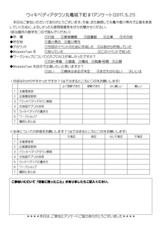ウィキペディアタウン丸亀城下町＃１アンケート（2017．5．21）
本日はご参加いただいてありがとうございます。今後、また継続して丸亀や香川県内で企画を実現
していくために、よろしかったら感想御意見をぜひお聞かせください。
（該当箇所の数字を○印で囲んでください）
◆所 属 ①行政 ②教育機関 ③図書館 ④企業 ⑤その他
◆所在地 ①香川県内 ②香川県外
◆アカウント ①今回のイベントのために作成した ②以前から所有していた
◆WikipediaTown を ①知っていた ②このイベントで知った
◆ワークショップについてどのプロセスが楽しかったですか？
①方針・準備 ②調査 ③構成 ④執筆・校閲 ⑤公開
◆WikipediaTown を自分で企画したいと思いますか？
①はい ②興味はあるが未定 ③まだわからない ④いいえ
Ⅰ内容はわかりやすかったですか？（当てはまるところに〇印をお願いします）
よく理解できた 理解できた 少し難しい 難しい
１ 主催者挨拶
２ 企画趣旨説明
３ 「ウィキペディアタウン解説
４ 古地図アプリの活用
５ ウィキペディアの書き方
６ ワークショップ
７ 講評とまとめ
Ⅱ全体についての評価をお願いします？（当てはまるところに〇印をお願いします）
大満足 満足 少し不満足 不満足
１ 主催者挨拶
２ 企画趣旨説明
３ 「ウィキペディアタウン解説
４ 古地図アプリの活用
５ ウィキペディアの書き方
６ ワークショップ
７ 講評とまとめ
＊＊＊＊本日は、ご参加とアンケートご協力ありがとうございました＊＊＊＊
ご参加いただいて「印象に残ったこと」がありましたらご記入ください。
 