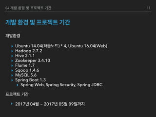 04
▸ Ubuntu 14.04( ) * 4, Ubuntu 16.04(Web)
▸ Hadoop 2.7.2
▸ Hive 2.1.1
▸ Zookeeper 3.4.10
▸ Flume 1.7
▸ Sqoop 1.4.6
▸ MySQL 5.6
▸ Spring Boot 1.3
▸ Spring Web, Spring Security, Spring JDBC
‣ 2017 04 ~ 2017 05 09
11