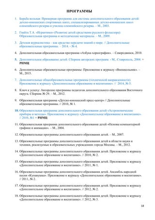 18
ПРОГРАММЫ
1. Борьба вольная: Примерная программа для системы дополнительного образования детей:
детско-юношеских спортивных школ, специализированных детско-юношеских школ
олимпийского резерва и училищ олимпийского резерва. – М., 2003.
2. Гвайта Т.А. «Игранчики» (Развитие детей средствами русского фольклора):
Образовательная программа и методические материалы. – М., 2009.
3. Детская журналистика – как средство передачи знаний о мире. // Дополнительные
образовательные программы. – 2014. - № 4.
4. Дополнительная образовательная программа «Азбука хореографии». – Северодвинск, 2010.
5. Дополнительное образование детей: Сборник авторских программ. - М., Ставрополь, 2004. +
РНМЦ
6. Дополнительные образовательные программы: Приложение к журналу «Внешкольник». –
М., 2015.
7. Дополнительные общеобразовательные программы (технической направленности).
Приложение к журналу «Дополнительное образование и воспитание». // 2014, № 5.
8. Ключ к успеху: Авторские программы педагогов дополнительного образования Восточного
округа. Сборник № 29. – М., 2012.
9. Образовательная программа «Детско-юношеский пресс-центр» // Дополнительные
образовательные программы. // 2010, № 1.
10. Образовательная программа дополнительного образования детей «Астрономические
приборы и методы». Приложение к журналу «Дополнительное образование и воспитание».
// 2010, №1 + РНМЦ
11. Образовательная программа дополнительного образования детей «Основы компьютерной
графики и анимации». – М., 2004.
12. Образовательные программы дополнительного образования детей. – М., 2007.
13. Образовательные программы дополнительного образования детей в области науки и
техники, реализуемые в образовательных учреждениях города Москвы. – М., 2012.
14. Образовательные программы дополнительного образования детей. Приложение к журналу
«Дополнительное образование и воспитание». // 2010, № 2.
15. Образовательные программы дополнительного образования детей. Приложение к журналу
«Дополнительное образование и воспитание». // 2011, № 1.
16. Образовательные программы дополнительного образования детей. Ансамбль народной
песни «Купавушка». Приложение к журналу «Дополнительное образование и воспитание».
// 2011, № 2.
17. Образовательные программы дополнительного образования детей. Приложение к журналу
«Дополнительное образование и воспитание». // 2012, № 2.
18. Образовательные программы дополнительного образования детей. Приложение к журналу
«Дополнительное образование и воспитание». // 2012, № 3.
 