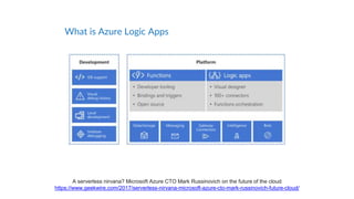 What is Azure Logic Apps
A serverless nirvana? Microsoft Azure CTO Mark Russinovich on the future of the cloud
https://www.geekwire.com/2017/serverless-nirvana-microsoft-azure-cto-mark-russinovich-future-cloud/
 