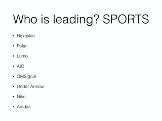 Who is leading? SPORTS
• Hexoskin
• Polar
• Lumo
• AIO
• OMSignal
• Under Armour
• Nike
• Adidas
 
