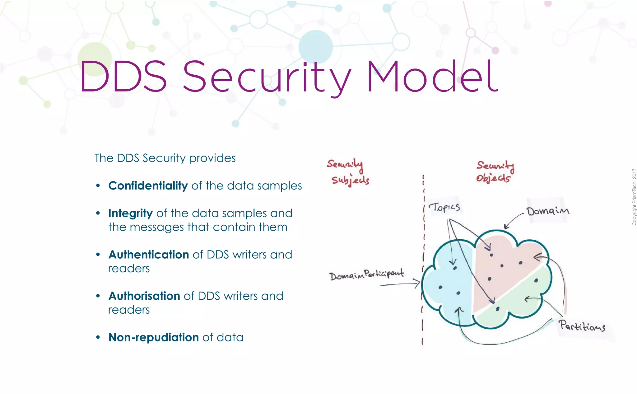 CopyrightPrismTech,2017
The DDS Security provides
• Confidentiality of the data samples  
• Integrity of the data samples and
the messages that contain them  
• Authentication of DDS writers and
readers  
• Authorisation of DDS writers and
readers  
• Non-repudiation of data  
DDS Security Model
 