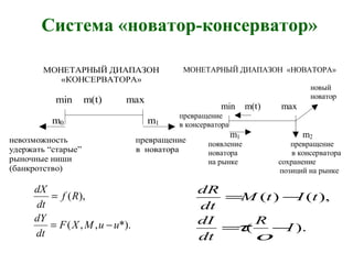 Система «новатор-консерватор»
МОНЕТАРНЫЙ ДИАПАЗОН
«КОНСЕРВАТОРА»
min m(t) max
m0 m1
невозможность превращение
удержать “старые” в новатора
рыночные ниши
(банкротство)
МОНЕТАРНЫЙ ДИАПАЗОН «НОВАТОРА»
новый
новатор
min m(t) max
превращение
в консерватора
m1 m2
появление превращение
новатора в консерватора
на рынке сохранение
позиций на рынке
*).,,(
),(
uuMXF
dt
dY
Rf
dt
dX
−=
=
).(
),()(
I
R
dt
dI
tItM
dt
dR
−=
−=
ο
τ
 