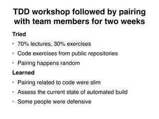 TDD workshop followed by pairing
with team members for two weeks
Tried
• 70% lectures, 30% exercises
• Code exercises from public repositories
• Pairing happens random
Learned
• Pairing related to code were slim
• Assess the current state of automated build
• Some people were defensive
 
