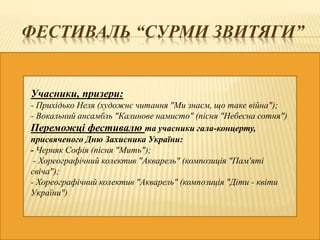 ФЕСТИВАЛЬ “СУРМИ ЗВИТЯГИ”
Учасники, призери:
- Прихідько Неля (художнє читання "Ми знаєм, що таке війна");
- Вокальний ансамбль "Калинове намисто" (пісня "Небесна сотня")
Переможці фестивалю та учасники гала-концерту,
присвяченого Дню Захисника України:
- Черняк Софія (пісня "Мить");
- Хореографічний колектив "Акварель" (композиція "Пам'яті
свіча");
- Хореографічний колектив "Акварель" (композиція "Діти - квіти
України")
 