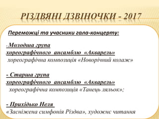 РІЗДВЯНІ ДЗВІНОЧКИ - 2017
Переможці та учасники гала-концерту:
- Молодша група
хореографічного ансамблю «Акварель»
хореографічна композиція «Новорічний колаж»
- Старша група
хореографічного ансамблю «Акварель»
хореографічна композиція «Танець ляльок»;
- Прихідько Неля
«Засніжена симфонія Різдва», художнє читання
 