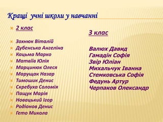 Кращі учні школи у навчанні
 2 клас
 Зохнюк Віталій
 Дубенська Ангеліна
 Кацьма Марко
 Матвіїв Юлія
 Марцинюк Олеся
 Марущак Назар
 Тимошик Денис
 Скребуха Соломія
 Пащук Марія
 Новацький Ігор
 Родіонов Денис
 Гето Микола
3 клас
Валюх Давид
Гамадін Софія
Звір Юліан
Михальчук Іванна
Стемковська Софія
Федунь Артур
Черпаков Олександр
 