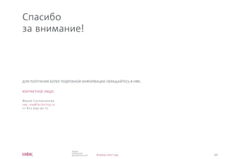 10
ИНДЕКС
ПЛАТЕЖНОЙ
ДИСЦИПЛИНЫ НФК Апрель 2017 год
Спасибо
за внимание!
ДЛЯ ПОЛУЧЕНИЯ БОЛЕЕ ПОДРОБНОЙ ИНФОРМАЦИИ ОБРАЩАЙТЕСЬ В НФК.
КОНТАКТНОЕ ЛИЦО:
Мария Сапожникова
sap _ma@factor ing.ru
+7 812 64 4- 40 -71
 