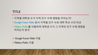 TITLE
• 지역별 대학생 수가 지역 인구 수에 영향을 미치는가?
• Google FusionTable 로서 지역별 인구 수와 대학 학교 수의 비교
• Tableau Public를 이용하여 대학생 수가 그 지역의 인구 수에 영향을
미치는지 분석
 Google FusionTable 이용
Tableau Public 이용
 
