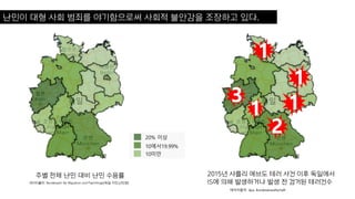 20% 이상
10에서19.99%
10미만
주별 전체 난민 대비 난민 수용률
데이터출처: Bundesamt für Migration und Flüchtlinge(독일 이민,난민청)
2015년 샤를리 에브도 테러 사건 이후 독일에서
IS에 의해 발생하거나 발생 전 검거된 테러건수
난민이 대형 사회 범죄를 야기함으로써 사회적 불안감을 조장하고 있다.
데이터출처: dpa, Bundesanwaltschaft
 