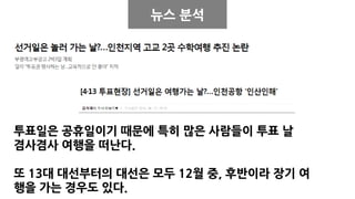 뉴스 분석
투표일은 공휴일이기 때문에 특히 많은 사람들이 투표 날
겸사겸사 여행을 떠난다.
또 13대 대선부터의 대선은 모두 12월 중, 후반이라 장기 여
행을 가는 경우도 있다.
 