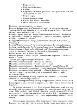  Шкіряний м’яч
 Спортивне орієнтування
 Стрітбол
 Спортивно – художній фестиваль «Ми – роду козацького діти,
Землі української цвіт».
 Сузір’я спорту
 Легкоатлетична естафета
 Шкільні ігри Дніпра з баскетболу
 Міські змагання «Козацький гарт»
Прийняли участь у конкурсах і виставках.
Конкурс “Соборинаших душ” (районий, міський). Нагородженіграмотами:
Троценко М (7-Б кл.), ЧорнобайА. (11 клас), Плахотник А. (11 кл.), Заусаліна В
(8-А кл.), Моня А (11 кл), Резнік (11 кл).
Конккурс “Кроку майбутнє”. Нагородженідипломами: Башлик А., Москаленко
П, Дарницька Д, Троценко М., ЧорнобайА., Савенко Р., Головня А., Кулик М.,
Котляр А., Чупринка К., Ребека Т.
Конкурс “Місто майстрів”. Нагородженіграмотами:Башлик А., ЧорнобайА.,
Філіпенко В.
Конкурс “Українавишивана”. Нагородженіграмотами: Черевко А., Неживенко
О., Чернуська Д., Заусаліна В., СосноваА., Плахотнік А, Гаркава В, Цебенко Л.
Обласний конкурс “Знайі люби свій рідний край”. Нагородженіграмотами:
Лисун Ю., Башлик А., Чупринка К., ЧорнобайА., Троценко М.
Конкурс на приз мера м. Дніпро: Головня А.
Оліпіади (районні та міські): Лисун Ю, Неживенко О., Вітренко К., Плахотнік А.,
Резнік М., Моня А.
Міський фольклорнийконкурс “Камертон” - І місце.
Міський фольклорнийконкурс “Лелеченьки”- ІІ місце.
Міський фольклорнийконкурс “Зустріч весни”- ІІ місце.
Міський фольклорнийконкурс “Наддніпрянськізорі”-І місце (Рибакова Х.).
Прийняли участь у районномусморті — огляді хоровікласи “Пісенний вернісаж”.
Прийняли участь у спартакіада (районній та обласній). Прийняли участь у
змаганнях «Веселі старти» - ІІ місце, «Стартинадії» - ІІ місце та турнірі з
баскетболу- І місце.
Відвідували виставки при будинку творчості“Різдвянаказка”, “Пасхальні
атрибути” та “Вишивки Придніпров'я”.
Учні школи брали активну участь у конкурсізнавців української мови ім. П.
Яцика, брали участь у міських конкурсах ім. Т.Г. Шевченка та присвячених Л.
Українки.
На початку навчального року було створено банк даних дітей пільгових
категорій, який систематично оновлювався. На сьогодні в школі навчається 102
учня з 50 багатодітних сімей, 12 дітей – інвалідів, 16 дітей учасників АТО, 8 дітей
переселенців, 2 учні постраждалих в наслідок аварії на ЧАС, 5 дітей виховуються
в дитячому будинку сімейного типу, 1 учень в прийомній родині та 15 дітей під
опікою.
Протягом року проводився облік відвідування учнями навчальних занять.
Відомості про відсутніх учнів та причину їх відсутності записувалися в книгу
 