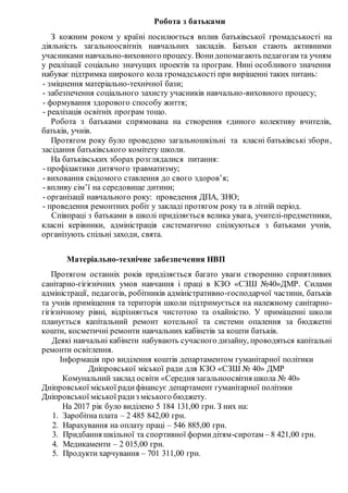 Робота з батьками
З кожним роком у країні посилюється вплив батьківської громадськості на
діяльність загальноосвітніх навчальних закладів. Батьки стають активними
учасниками навчально-виховного процесу. Вонидопомагають педагогам та учням
у реалізації соціально значущих проектів та програм. Нині особливого значення
набуває підтримка широкого кола громадськості при вирішенні таких питань:
- зміцнення матеріально-технічної бази;
- забезпечення соціального захисту учасників навчально-виховного процесу;
- формування здорового способу життя;
- реалізація освітніх програм тощо.
Робота з батьками спрямована на створення єдиного колективу вчителів,
батьків, учнів.
Протягом року було проведено загальношкільні та класні батьківські збори,
засідання батьківського комітету школи.
На батьківських зборах розглядалися питання:
- профілактики дитячого травматизму;
- виховання свідомого ставлення до свого здоров’я;
- впливу сім’ї на середовище дитини;
- організації навчального року: проведення ДПА, ЗНО;
- проведення ремонтних робіт у закладі протягом року та в літній період.
Співпраці з батьками в школі приділяється велика увага, учителі-предметники,
класні керівники, адміністрація систематично спілкуються з батьками учнів,
організують спільні заходи, свята.
Матеріально-технічне забезпечення НВП
Протягом останніх років приділяється багато уваги створенню сприятливих
санітарно-гігієнічних умов навчання і праці в КЗО «СЗШ №40»ДМР. Силами
адміністрації, педагогів, робітників адміністративно-господарчої частини, батьків
та учнів приміщення та територія школи підтримується на належному санітарно-
гігієнічному рівні, відрізняється чистотою та охайністю. У приміщенні школи
планується капітальний ремонт котельної та системи опалення за бюджетні
кошти, косметичні ремонти навчальних кабінетів за кошти батьків.
Деякі навчальні кабінети набувають сучасного дизайну, проводяться капітальні
ремонти освітлення.
Інформація про виділення коштів департаментом гуманітарної політики
Дніпровської міської ради для КЗО «СЗШ № 40» ДМР
Комунальний заклад освіти «Середня загальноосвітня школа № 40»
Дніпровської міської радифінансує департамент гуманітарної політики
Дніпровської міської радиз міського бюджету.
На 2017 рік було виділено 5 184 131,00 грн. З них на:
1. Заробітна плата – 2 485 842,00 грн.
2. Нарахування на оплату праці – 546 885,00 грн.
3. Придбання шкільної та спортивної формидітям-сиротам – 8 421,00 грн.
4. Медикаменти – 2 015,00 грн.
5. Продукти харчування – 701 311,00 грн.
 