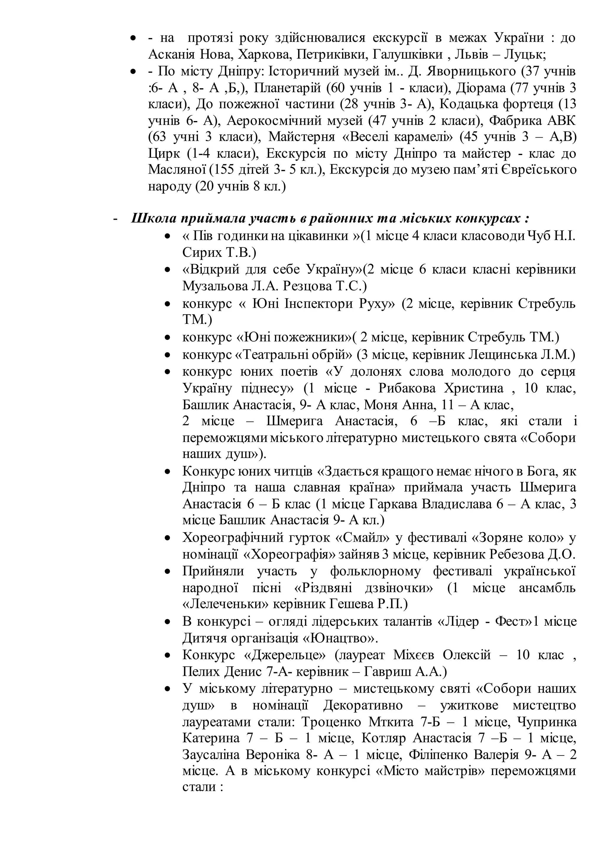  - на протязі року здійснювалися екскурсії в межах України : до
Асканія Нова, Харкова, Петриківки, Галушківки , Львів – Луцьк;
 - По місту Дніпру: Історичний музей ім.. Д. Яворницького (37 учнів
:6- А , 8- А ,Б,), Планетарій (60 учнів 1 - класи), Діорама (77 учнів 3
класи), До пожежної частини (28 учнів 3- А), Кодацька фортеця (13
учнів 6- А), Аерокосмічний музей (47 учнів 2 класи), Фабрика АВК
(63 учні 3 класи), Майстерня «Веселі карамелі» (45 учнів 3 – А,В)
Цирк (1-4 класи), Екскурсія по місту Дніпро та майстер - клас до
Масляної (155 дітей 3- 5 кл.), Екскурсія до музею пам’яті Євреїського
народу (20 учнів 8 кл.)
- Школа приймала участь в районних та міських конкурсах :
 « Пів годинкина цікавинки »(1 місце 4 класи класоводиЧуб Н.І.
Сирих Т.В.)
 «Відкрий для себе Україну»(2 місце 6 класи класні керівники
Музальова Л.А. Резцова Т.С.)
 конкурс « Юні Інспектори Руху» (2 місце, керівник Стребуль
ТМ.)
 конкурс «Юні пожежники»( 2 місце, керівник Стребуль ТМ.)
 конкурс «Театральні обрій» (3 місце, керівник Лещинська Л.М.)
 конкурс юних поетів «У долонях слова молодого до серця
Україну піднесу» (1 місце - Рибакова Христина , 10 клас,
Башлик Анастасія, 9- А клас, Моня Анна, 11 – А клас,
2 місце – Шмерига Анастасія, 6 –Б клас, які стали і
переможцямиміського літературно мистецького свята «Собори
наших душ»).
 Конкурс юних читців «Здається кращого немає нічого в Бога, як
Дніпро та наша славная країна» приймала участь Шмерига
Анастасія 6 – Б клас (1 місце Гаркава Владислава 6 – А клас, 3
місце Башлик Анастасія 9- А кл.)
 Хореографічний гурток «Смайл» у фестивалі «Зоряне коло» у
номінації «Хореографія» зайняв 3 місце, керівник Ребезова Д.О.
 Прийняли участь у фольклорному фестивалі української
народної пісні «Різдвяні дзвіночки» (1 місце ансамбль
«Лелеченьки» керівник Гешева Р.П.)
 В конкурсі – огляді лідерських талантів «Лідер - Фест»1 місце
Дитячя організація «Юнацтво».
 Конкурс «Джерельце» (лауреат Міхєєв Олексій – 10 клас ,
Пелих Денис 7-А- керівник – Гавриш А.А.)
 У міському літературно – мистецькому святі «Собори наших
душ» в номінації Декоративно – ужиткове мистецтво
лауреатами стали: Троценко Мткита 7-Б – 1 місце, Чупринка
Катерина 7 – Б – 1 місце, Котляр Анастасія 7 –Б – 1 місце,
Заусаліна Вероніка 8- А – 1 місце, Філіпенко Валерія 9- А – 2
місце. А в міському конкурсі «Місто майстрів» переможцями
стали :
 