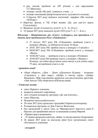  ряд заходів пройшли до 203 річниці з дня народження
Т.Г.Шевченка:
 конкурс читців «Ну щоб, здавалося, слова …»
 концерт вихованців Дніпропетровського художнього коледжу,
 9 березня 2017 року відбувся поетичний марафон «Ми читаємо
«Кобзар»»
 Перегляд фільму в ТЦ «Гіркі жнива» (До дня пам’яті жертв
Голодомору)
 Відвідали музей «Голокосту» (учні 8- А, 8 – Б ,10 кл.)
 18 травня 2017 року відвідали музей АТО (учні 7- А, 7 – Б кл.)
Військова – Патріотична гра «Сокіл» («Джура»), яка проходила в 5
етапів, була представлена Роєм «Гайдамаки»
 27 лютого 2017 року Рій «Гайдамаки» приймали участь у
конкурсі «Ватра», де вибороли почесне 16 місце.
 28.03. 2017 року Рій приймв участь у конкурсі « Стрільба »
 04.04.2017 року Рій «Гайдамаки» приймав участь у конкурсі
«Відун»
 10.04.2017 року - приймали участь у конкурсі «Рятівник»
 25.04.2017 року Рій приймав участь у конкурсі « Впоряд »
Команда достойно представила свою школу в усіх етапах серед
75 шкіл, які приймали участь в грі.
- проведено акції:
 «Наші обереги», «Діти – Дітям »(Допомога будинку – інтернату
«Горлиця»), « Діти миру», «Добро в твоєму серці», «Добро
Жменями» (Збір пластикових кришечок для виготовлення протезів),
«Хай Ангели Тебе оберігають»(Обласна акція).
- Святкові заходи:
 свято Першого дзвоника,
 відкриття шкільної спартакіади,
 діти готували концертну програму «До дня вчителя»,,
 свято Миколая,
 Новорічні свята,калейдоскопи,
 20 січня 2017 року проведено традиційні Українські вечорниці,
 Розважальна програма до Дня Святого Валентина
 був проведений у школі захід до Міжнародного жіночого свята 8
березня для працівників школи та мешканців селища Мирний
 «Чарівна краса вишиванки»
 19 травня проведено святкову лінійку та нагородження обдарованих
 26 травня 2017 року на високому рівні було організовано свято
«Останнього дзвоника»
- екскурсії:
 