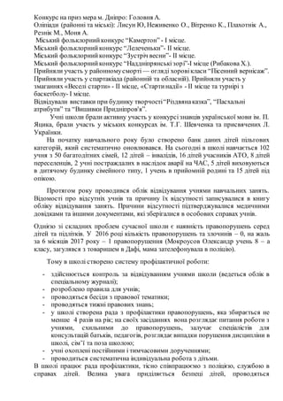 Конкурс на приз мера м. Дніпро: Головня А.
Оліпіади (районні та міські): Лисун Ю, Неживенко О., Вітренко К., Плахотнік А.,
Резнік М., Моня А.
Міський фольклорнийконкурс “Камертон” - І місце.
Міський фольклорнийконкурс “Лелеченьки”- ІІ місце.
Міський фольклорнийконкурс “Зустріч весни”- ІІ місце.
Міський фольклорнийконкурс “Наддніпрянськізорі”-І місце (Рибакова Х.).
Прийняли участь у районномусморті — огляді хоровікласи “Пісенний вернісаж”.
Прийняли участь у спартакіада (районній та обласній). Прийняли участь у
змаганнях «Веселі старти» - ІІ місце, «Стартинадії» - ІІ місце та турнірі з
баскетболу- І місце.
Відвідували виставки при будинку творчості“Різдвянаказка”, “Пасхальні
атрибути” та “Вишивки Придніпров'я”.
Учні школи брали активну участь у конкурсізнавців української мови ім. П.
Яцика, брали участь у міських конкурсах ім. Т.Г. Шевченка та присвячених Л.
Українки.
На початку навчального року було створено банк даних дітей пільгових
категорій, який систематично оновлювався. На сьогодні в школі навчається 102
учня з 50 багатодітних сімей, 12 дітей – інвалідів, 16 дітей учасників АТО, 8 дітей
переселенців, 2 учні постраждалих в наслідок аварії на ЧАС, 5 дітей виховуються
в дитячому будинку сімейного типу, 1 учень в прийомній родині та 15 дітей під
опікою.
Протягом року проводився облік відвідування учнями навчальних занять.
Відомості про відсутніх учнів та причину їх відсутності записувалися в книгу
обліку відвідування занять. Причини відсутності підтверджувалися медичними
довідками та іншими документами, які зберігалися в особових справах учнів.
Однією зі складних проблем сучасної школи є наявність правопорушень серед
дітей та підлітків. У 2016 році кількість правопорушень та злочинів – 0, на жаль
за 6 місяців 2017 року – 1 правопорушення (Мокроусов Олександр учень 8 – а
класу, загулявся з товаришем в Дафі, мама зателефонувала в поліцію).
Тому в школі створено систему профілактичної роботи:
- здійснюється контроль за відвідуванням учнями школи (ведеться облік в
спеціальному журналі);
- розроблено правила для учнів;
- проводяться бесіди з правової тематики;
- проводяться тижні правових знань;
- у школі створена рада з профілактики правопорушень, яка збирається не
менше 4 разів на рік; на своїх засіданнях вона розглядає питання роботи з
учнями, схильними до правопорушень, залучає спеціалістів для
консультацій батьків, педагогів, розглядає випадки порушення дисципліни в
школі, сім’ї та поза школою;
- учні охоплені постійними і тимчасовими дорученнями;
- проводиться систематична індивідуальна робота з дітьми.
В школі працює рада профілактики, тісно співпрацюємо з поліцією, службою в
справах дітей. Велика увага приділяється безпеці дітей, проводяться
 