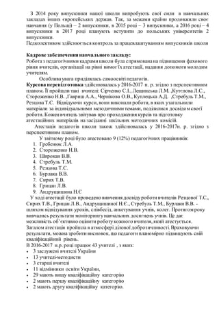 З 2014 року випускники нашої школи випробують свої сили в навчальних
закладах інших європейських держав. Так, за межами країни продовжили своє
навчання (у Польщі) – 2 випускники, в 2015 році – 3 випускники, а 2016 році – 4
випускники в 2017 році планують вступити до польських університетів 2
випускники.
Педколективом здійснюється контроль за працевлаштуванням випускників школи
Кадрове забезпеченнянавчального закладу:
Роботаз педагогічними кадрамишколи була спрямованана підвищення фахового
рівня вчителів, організації на рівні вимог їх атестації, надання допомогимолодим
учителям.
Особливаувага приділялась самоосвітіпедагогів.
Курсова перепідготовка здійснювалась у 2016-2017 н. р. згідно з перспективним
планом. Її пройшли такі вчителі: Сірченко С.І., Лещинська Л.М. ,Кутєпова Л.С.,
Стороженко Н.В. ,Гавриш А.А., Чернікова О.В., Куплецька А.Д. ,Стребуль Т.М.,
РезцоваТ.С. Відвідуючи курси, вони виконали роботи, в яких узагальнили
матеріали за індивідуальними методичнимитемами, поділилися досвідом своєї
роботи. Коженвчитель звітував про проходження курсів та підготовку
атестаційних матеріалів на засіданні шкільних методичних комісій.
Атестація педагогів школи також здійснювалась у 2016-2017н. р. згідно з
перспективним планом.
У звітному році було атестовано 9 (12%) педагогічних працівників:
1. Гребенюк Л.А.
2. Стороженко Н.В.
3. Широкан В.В.
4. Стребуль Т.М.
5. Резцова Т.С.
6. Бурлака В.В.
7. Сирих Т.В.
8. Грицан Л.В.
9. Андрущишина Н.Є
У ході атестації було проведено вивчення досвідуроботивчителів Резцової Т.С.,
Сирих Т.В., Грицан Л.В., Андрущишиної Н.Є., Стребуль Т.М., Бурлаки В.В. -
шляхом відвідування уроків, співбесід, анкетування учнів, колег. Протягом року
вивчались результати моніторингунавчальних досягнень учнів. Це дає
можливість об’єктивно оцінити роботукожного вчителя, який атестується.
Загалом атестація пройшла в атмосфері ділової доброзичливості. Враховуючи
результати, можна зробитивисновок, що педагогипланомірно підвищують свій
кваліфікаційний рівень.
В 2016-2017 н.р. році працює 43 учителі , з яких:
 3 заслужені вчителі України
 13 учителі-методисти
 3 старші вчителі
 11 відмінники освіти України,
 29 мають вищу кваліфікаційну категорію
 2 мають першу кваліфікаційну категорію
 2 мають другу кваліфікаційну категорію.
 