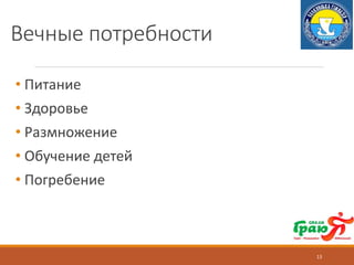 Вечные потребности
• Питание
• Здоровье
• Размножение
• Обучение детей
• Погребение
13
 