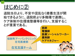退院当日より、不安や混乱なく療養生活が開
始できるように、退院前より多職種で連携し、
ケア体制や住環境整備等を行い、支援するこ
とが重要である。
はじめに②
桜新町アーバンクリニック
在宅医療部
在宅支援チーム
医師
看護師
医療ソーシャルワーカー
薬剤師
ケアマネジャー
 