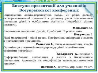 «Інклюзивна освіта-перспектива нова». 25 років досвіду
експериментальної діяльності з розвитку умов інклюзивного
навчання дітей з особливими освітніми потребами різних
нозологій.
Моклович Ю.
«Інклюзивне навчання. Досвід. Проблеми. Перспективи».
Некрасова І.
Різні можливості – рівні права. Професійна співпраця в класах
з інклюзивним навчанням.
Романюк І., вчитель початкових класів
Організація психологічного супроводу дітей з особливими
освітніми потребами
Кайдрович Л., психолог.
Диференційоване викладання у класах з інклюзивним
навчанням. Адаптація та модифікація навчально-виховного
процесу.
Пантюк Л., вчитель укр. мови та літ.
 