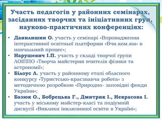 • Данилишин О. участь у семінарі «Впровадження
інтерактивної освітньої платформи «Вчи.ком.юа» в
навчальний процес»;
• Нарушевич І.П. участь у складі творчої групи
ЛОІППО «Творча майстерня вчителів фізики та
астрономії»;
• Білоус Л. участь у районному етапі обласного
конкурсу «Туристсько-краєзнавча робота» з
методичною розробкою «Природно- заповідні фонди
України»;
• Базюк О., Бобрецька Г., Дмитрик І., Некрасова І.
участь у міському майстер-класі та подіумній
дискусії «Виклики інклюзивної освіти в Україні»;
 