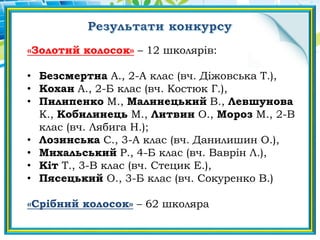 «Золотий колосок» – 12 школярів:
• Безсмертна А., 2-А клас (вч. Діжовська Т.),
• Кохан А., 2-Б клас (вч. Костюк Г.),
• Пилипенко М., Малинецький В., Левшунова
К., Кобилинець М., Литвин О., Мороз М., 2-В
клас (вч. Лябига Н.);
• Лозинська С., 3-А клас (вч. Данилишин О.),
• Михальський Р., 4-Б клас (вч. Ваврін Л.),
• Кіт Т., 3-В клас (вч. Стецик Е.),
• Пясецький О., 3-Б клас (вч. Сокуренко В.)
«Срібний колосок» – 62 школяра
 