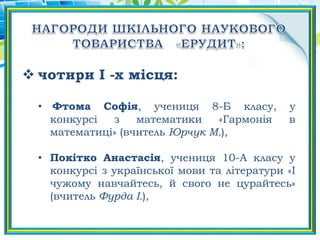  чотири І -х місця:
• Фтома Софія, учениця 8-Б класу, у
конкурсі з математики «Гармонія в
математиці» (вчитель Юрчук М.),
• Покітко Анастасія, учениця 10-А класу у
конкурсі з української мови та літератури «І
чужому навчайтесь, й свого не цурайтесь»
(вчитель Фурда І.),
 