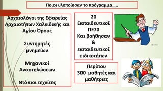 20
Εκπαιδευτικοί
ΠΕ70
Και βοήθησαν
&
εκπαιδευτικοί
ειδικοτήτων
Περίπου
300 μαθητές και
μαθήτριες
Ποιοι υλοποίησαν το πρόγραμμα…..
Αρχαιολόγοι της Εφορείας
Αρχαιοτήτων Χαλκιδικής και
Αγίου Όρους
Συντηρητές
μνημείων
Μηχανικοί
Αναστηλώσεων
Ντόπιοι τεχνίτες
 