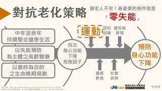 蔡健儀
讓老人不老！最重要的條件就是
「零失能」
運動
認知
訓練
優質
飲食
慢性病
管理
社會
參與
資料來源：http://m.commonhealth.com.tw/article/article.action?nid=70953
康健Vision2025趨勢論壇，台北榮民總醫院高齡醫學中心主任；自行車中心修改2017
找出
身心功能
下降
危險因子
中年至終年
持續整合健康生活
以失能預防
為主體之高齡醫療
以善終為目的
之生命晚期規劃
預防
身心功能
下降
 