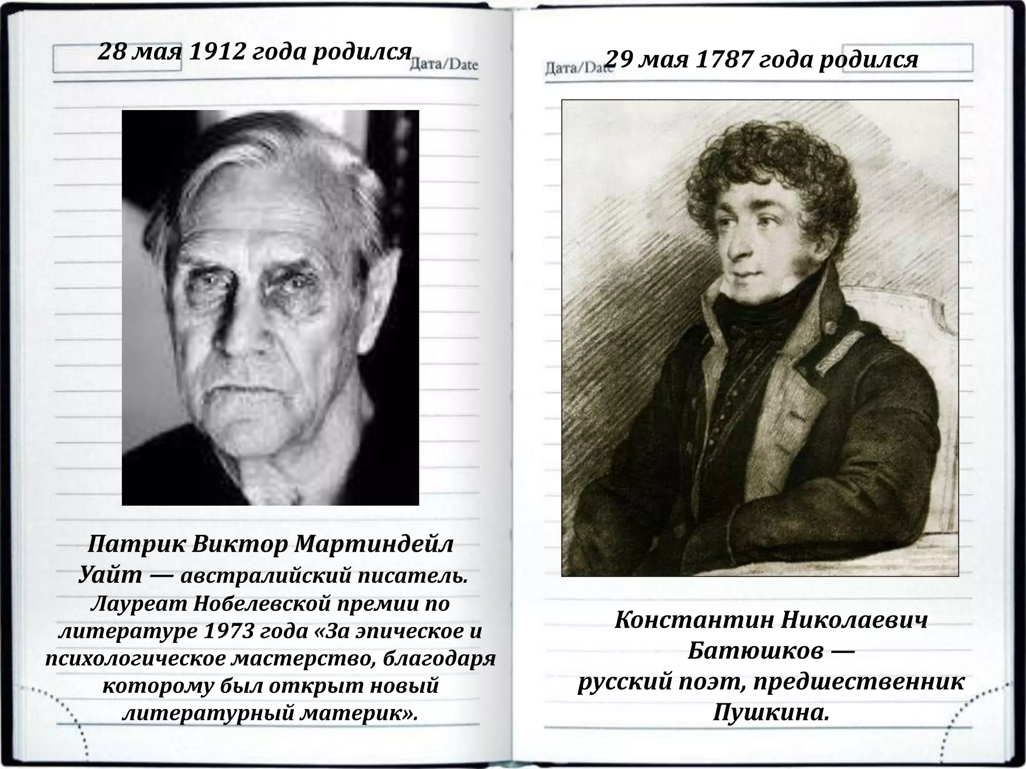 28 мая 1912 года родился 29 мая 1787 года родился
Патрик Виктор Мартиндейл
Уайт — австралийский писатель.
Лауреат Нобелевской премии по
литературе 1973 года «За эпическое и
психологическое мастерство, благодаря
которому был открыт новый
литературный материк».
Константин Николаевич
Батюшков —
русский поэт, предшественник
Пушкина.
 