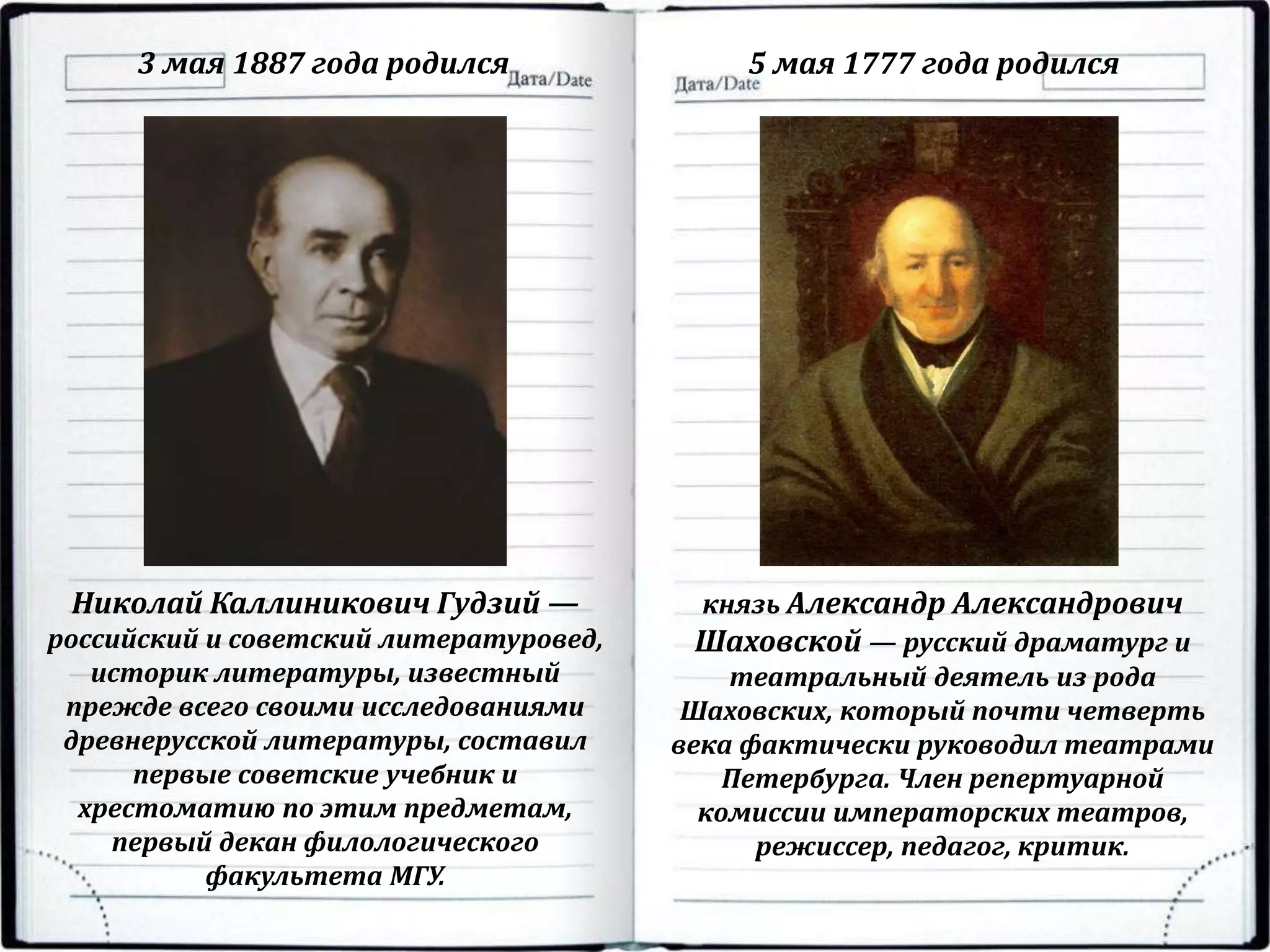 3 мая 1887 года родился 5 мая 1777 года родился
Николай Каллиникович Гудзий —
российский и советский литературовед,
историк литературы, известный
прежде всего своими исследованиями
древнерусской литературы, составил
первые советские учебник и
хрестоматию по этим предметам,
первый декан филологического
факультета МГУ.
князь Александр Александрович
Шаховской — русский драматург и
театральный деятель из рода
Шаховских, который почти четверть
века фактически руководил театрами
Петербурга. Член репертуарной
комиссии императорских театров,
режиссер, педагог, критик.
 