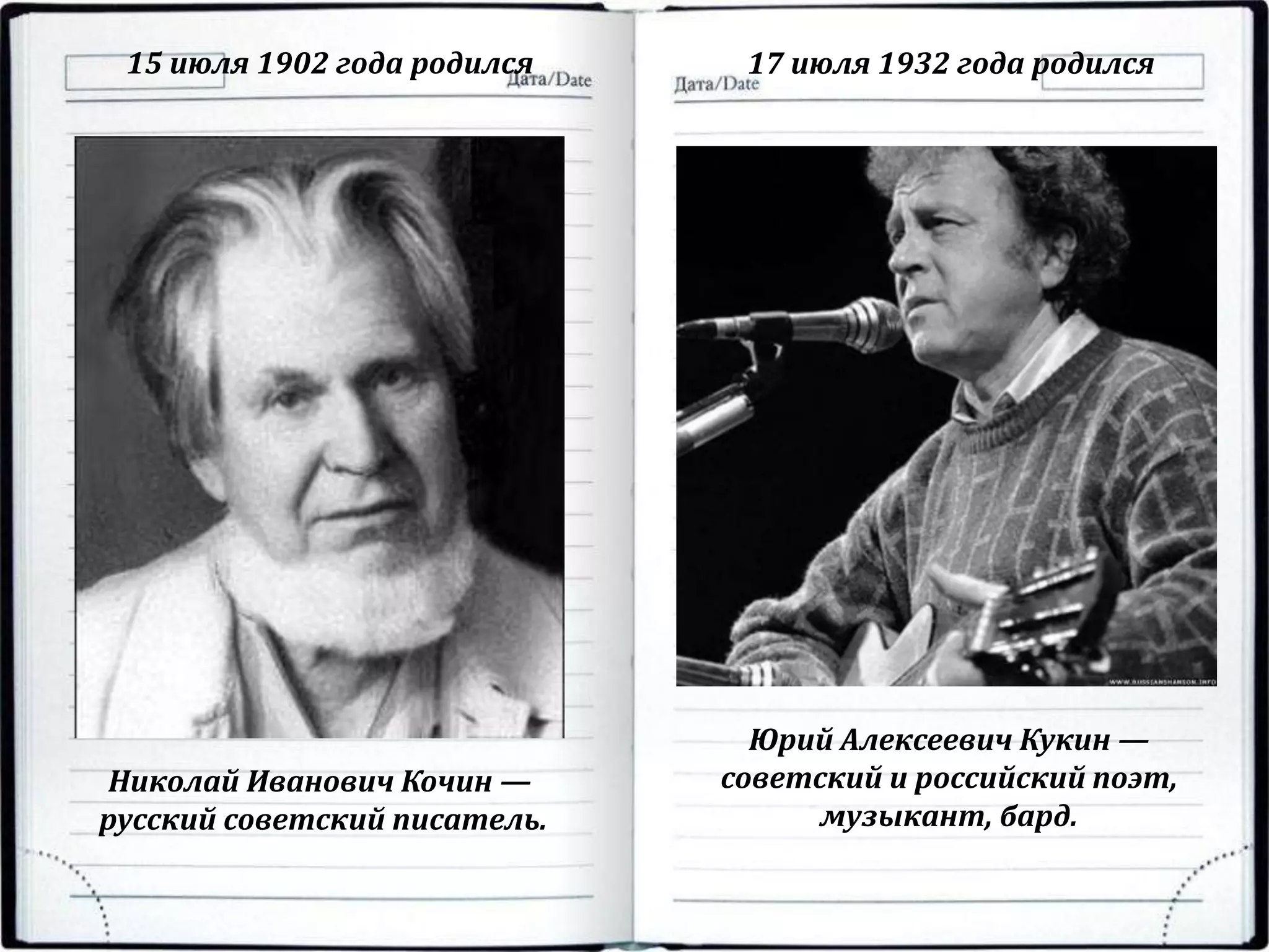 15 июля 1902 года родился 17 июля 1932 года родился
Николай Иванович Кочин —
русский советский писатель.
Юрий Алексеевич Кукин —
советский и российский поэт,
музыкант, бард.
 