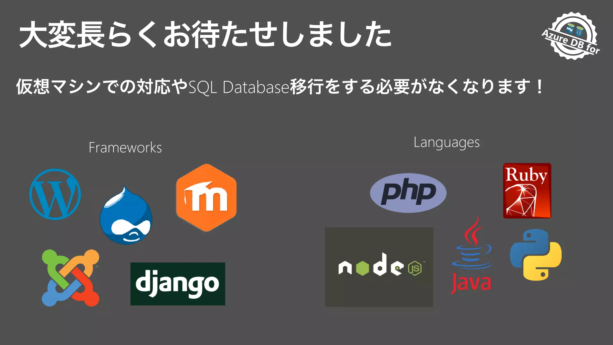 Pr
eview Av
ailable
Azure DB for
M
anaged
SQL Database
LanguagesFrameworks
 